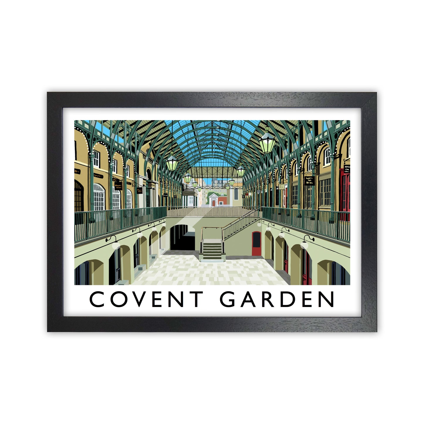 Covent Garden London Vintage Travel Art Poster by Richard O'Neill, Framed Wall Art Print, Cityscape, Landscape Art Gifts Black Grain