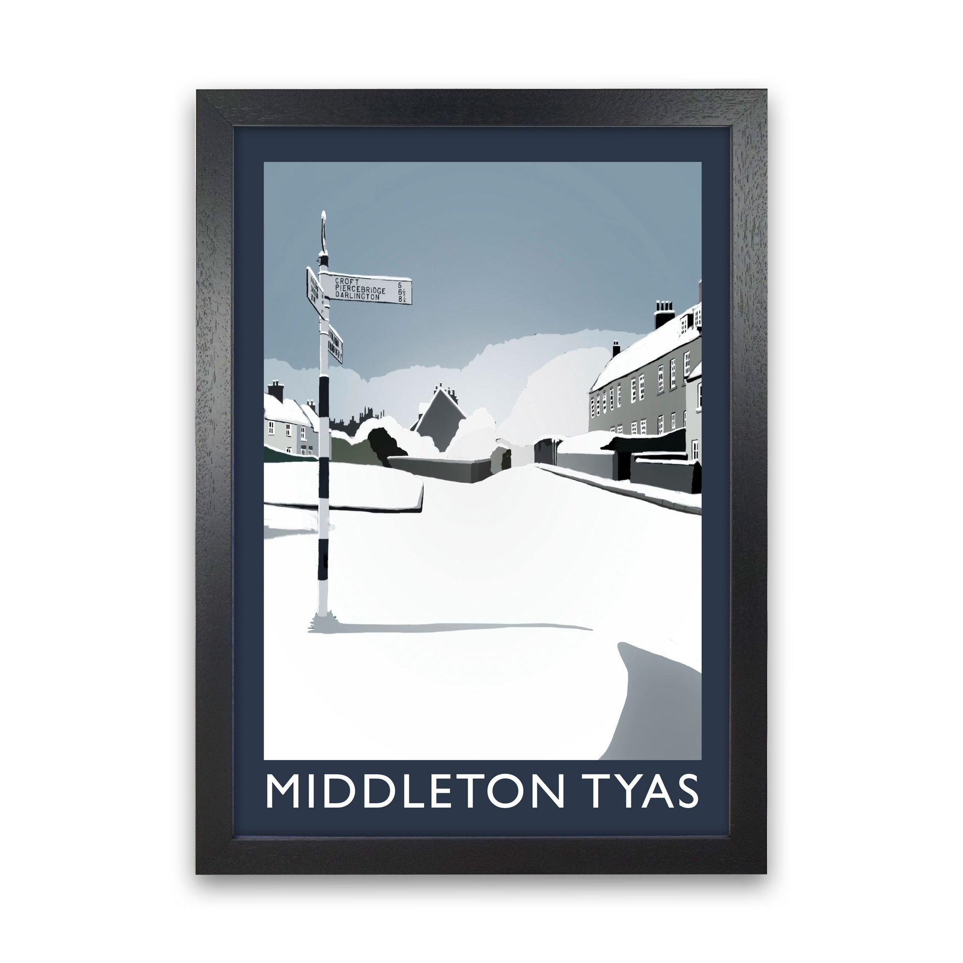 Middleton Tyas in Snow Portrait Travel Art Print by Richard O'Neill, Framed Wall Art Black Grain