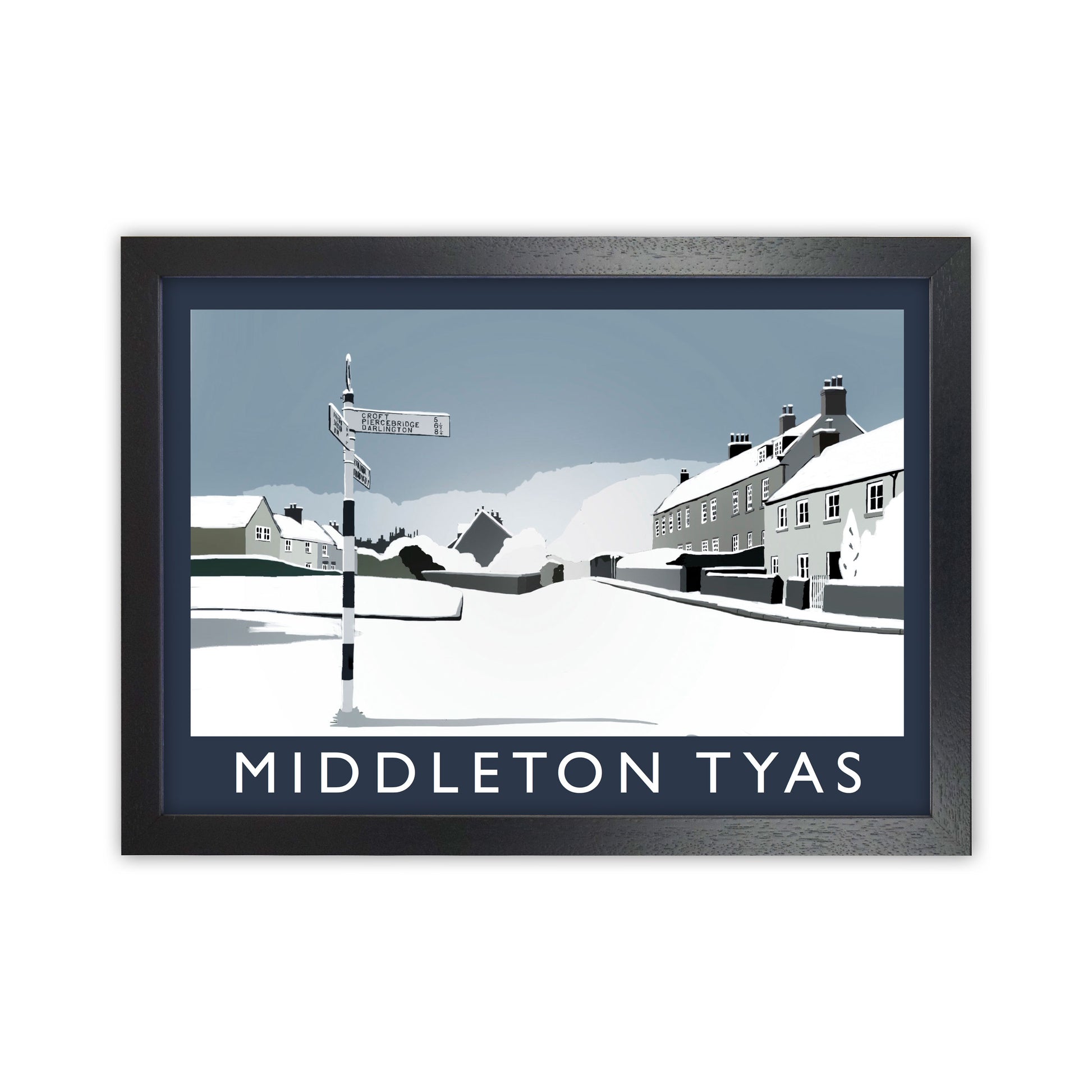 Middleton Tyas in Snow Travel Art Print by Richard O'Neill, Framed Wall Art Black Grain