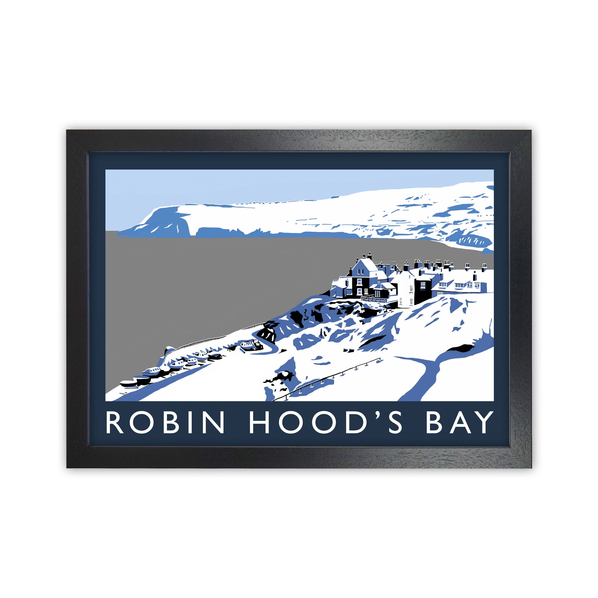 Robin Hood's Bay In Snow Travel Art Print by Richard O'Neill, Framed Wall Art Black Grain