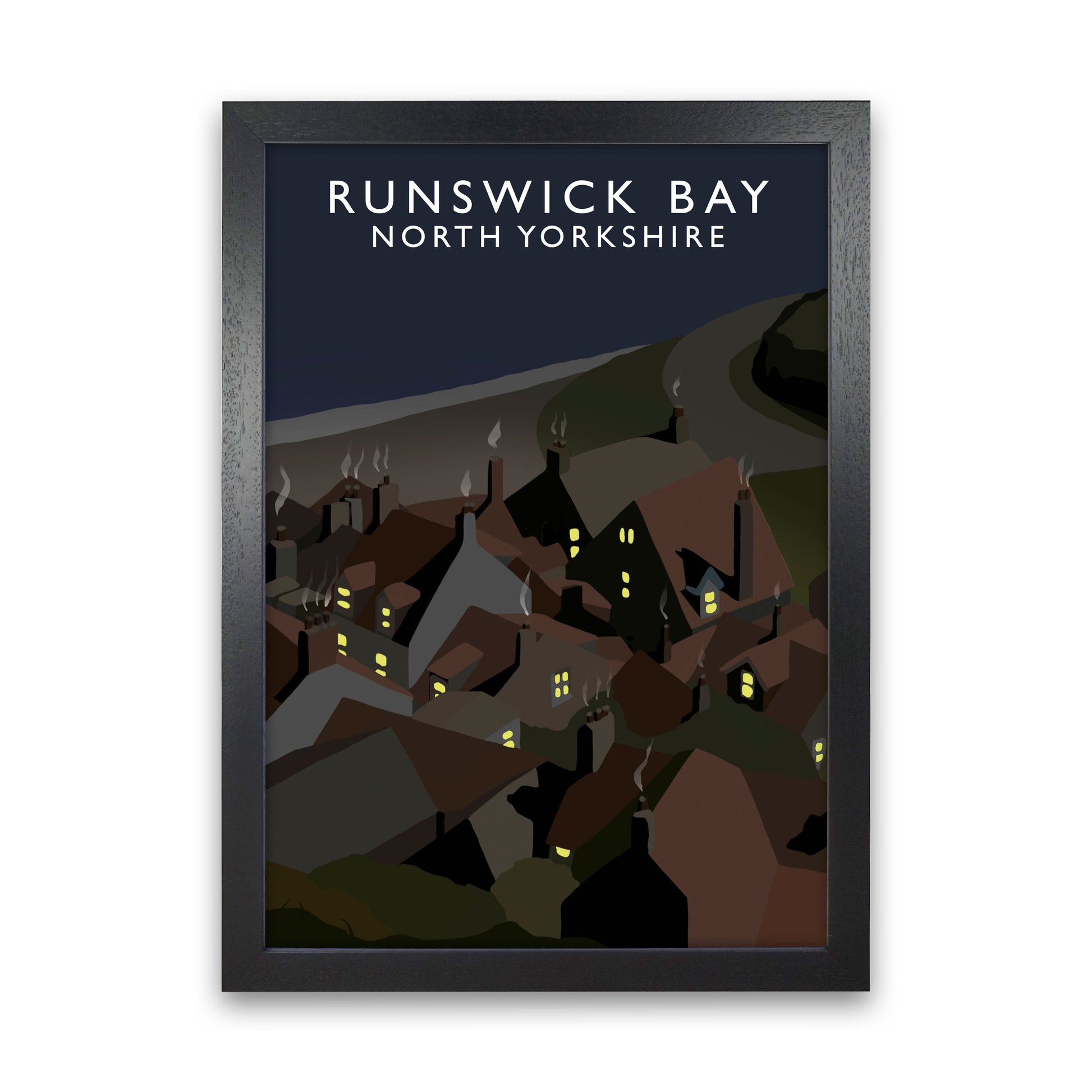 Runswick Bay2 Night Portrait North Yorkshrie Travel Art Print by Richard O'Neill Black Grain