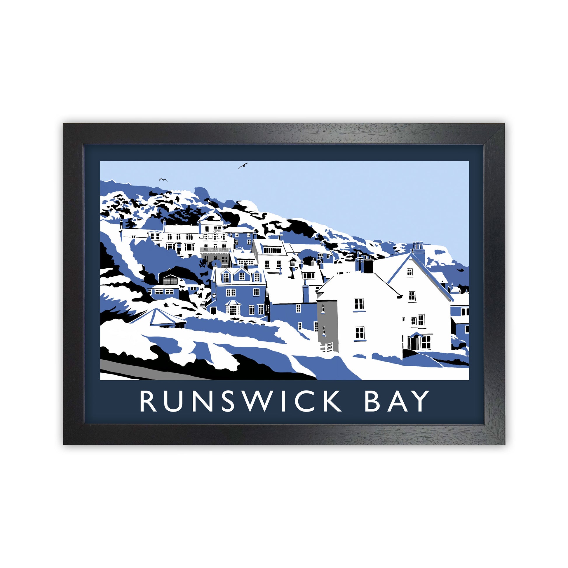 Runswick Bay In Snow Travel Art Print by Richard O'Neill, Framed Wall Art Black Grain