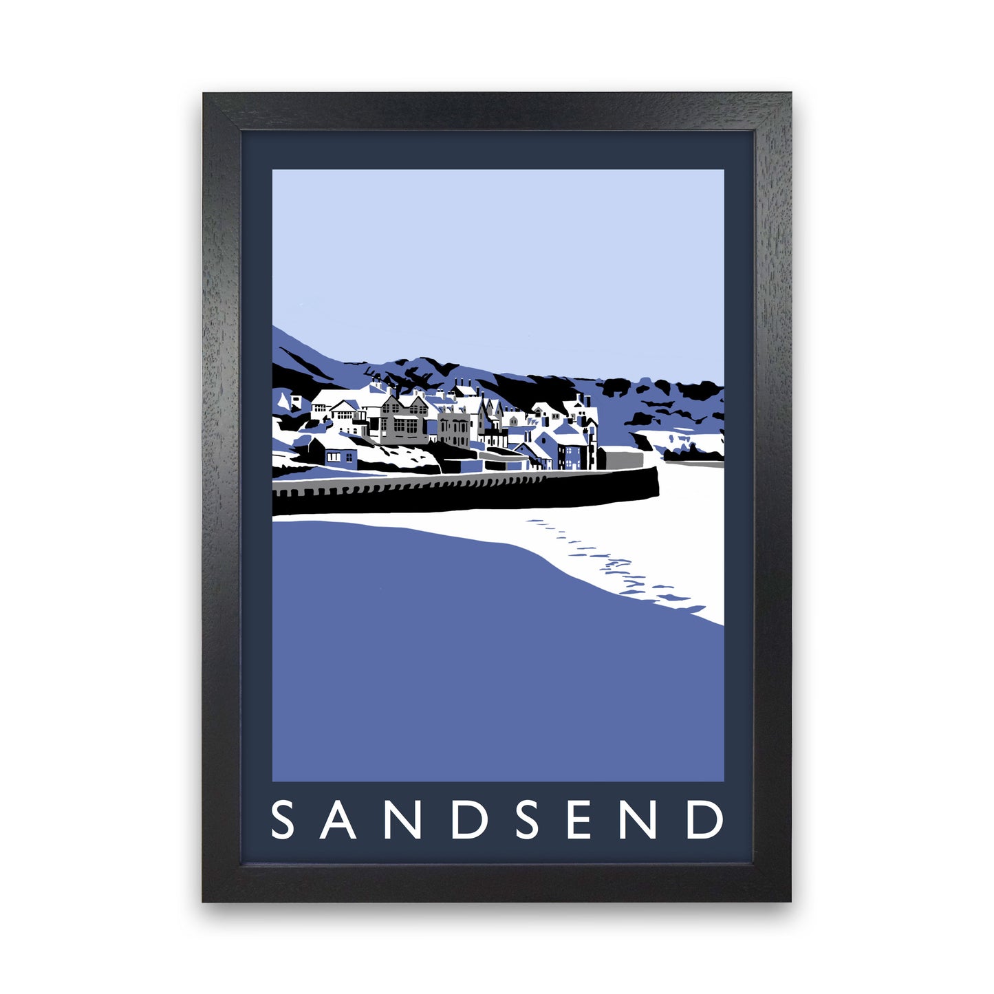 Sandsend In Snow PortraitTravel Art Print by Richard O'Neill, Framed Wall Art Black Grain