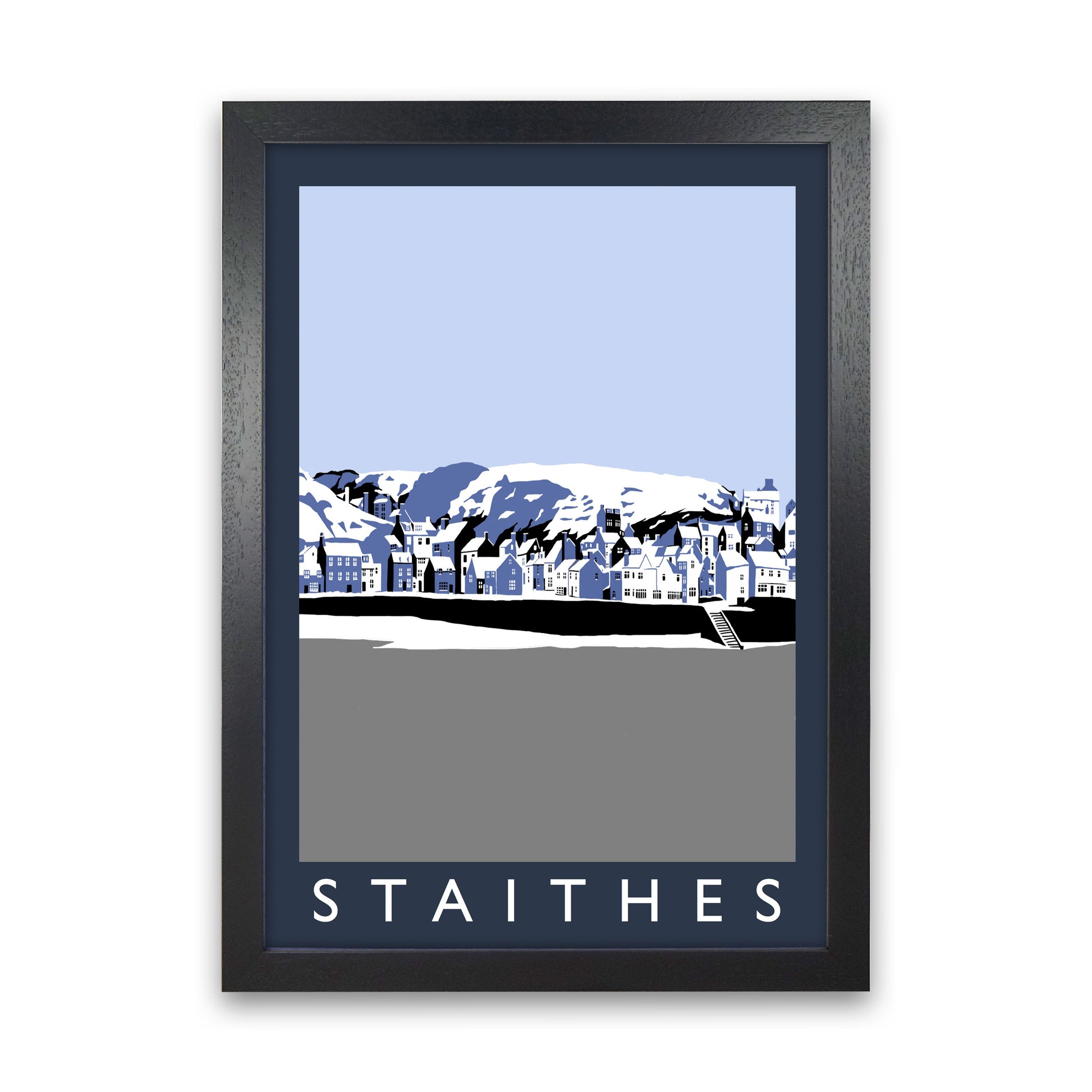 Staithes In Snow PortraitTravel Art Print by Richard O'Neill, Framed Wall Art Black Grain