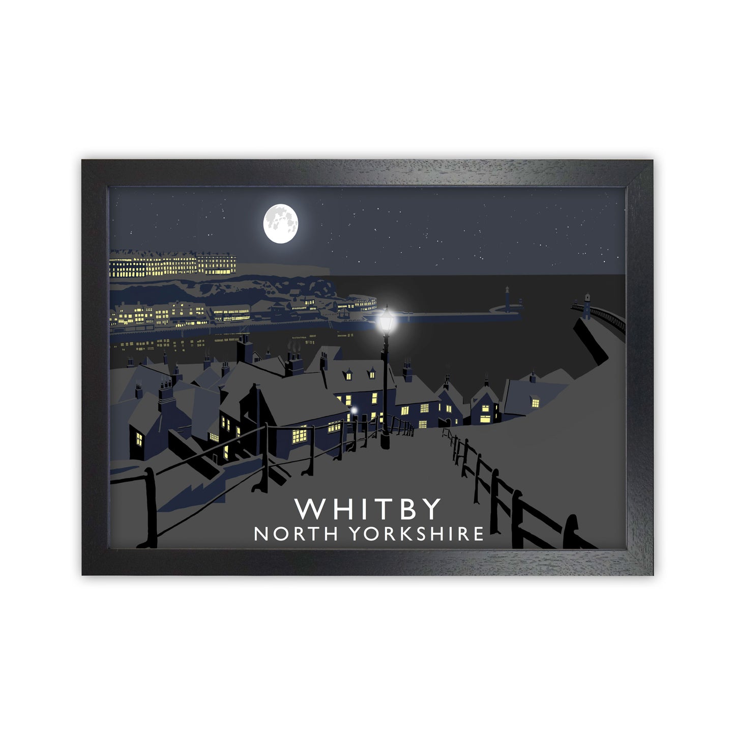 Whitby Night Travel Art Print by Richard O'Neill, Framed Wall Art Black Grain