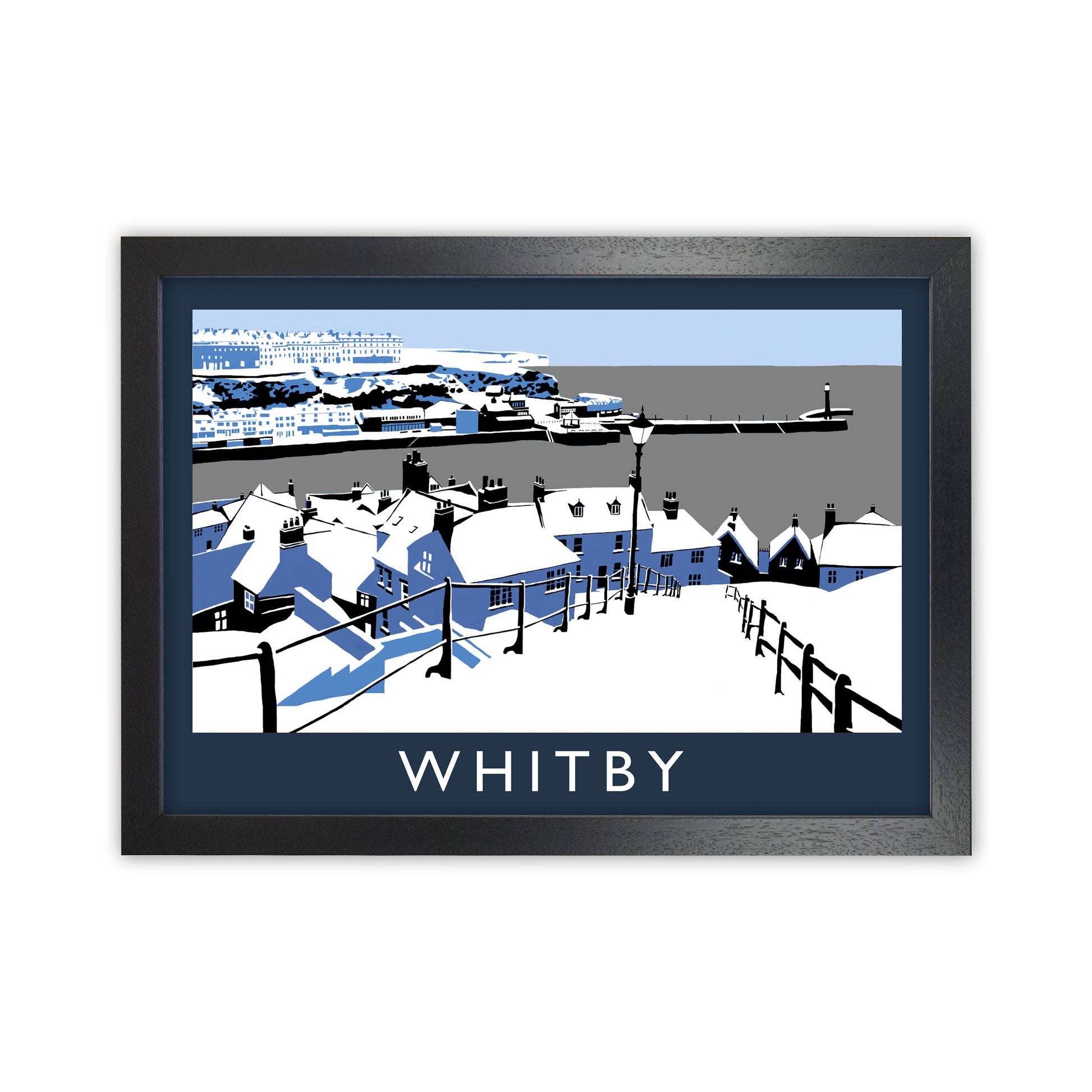 Whitby in Snow Travel Art Print by Richard O'Neill, Framed Wall Art Black Grain