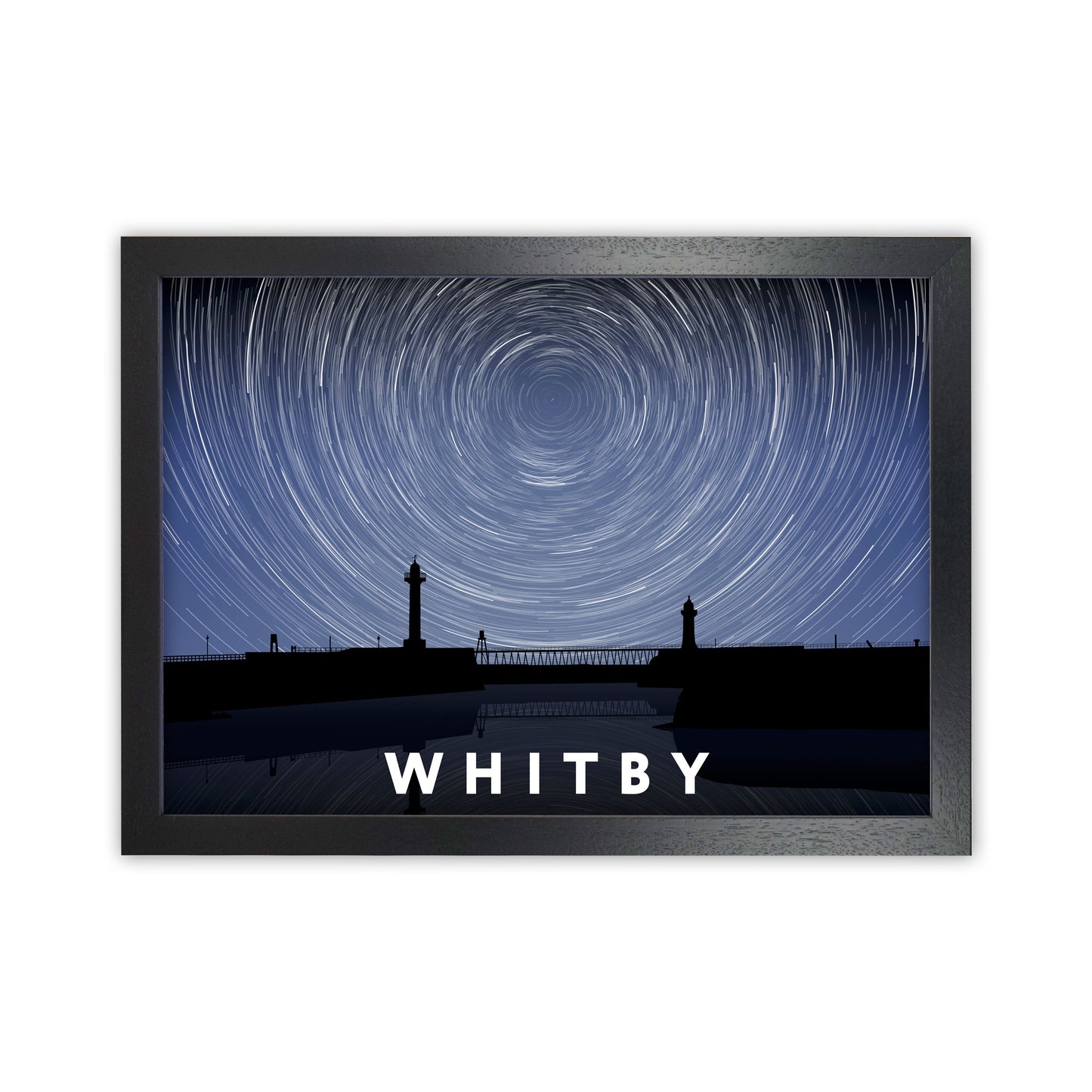 Whitby Night Timelapse Art Print by Richard O'Neill, Framed Wall Art Black Grain