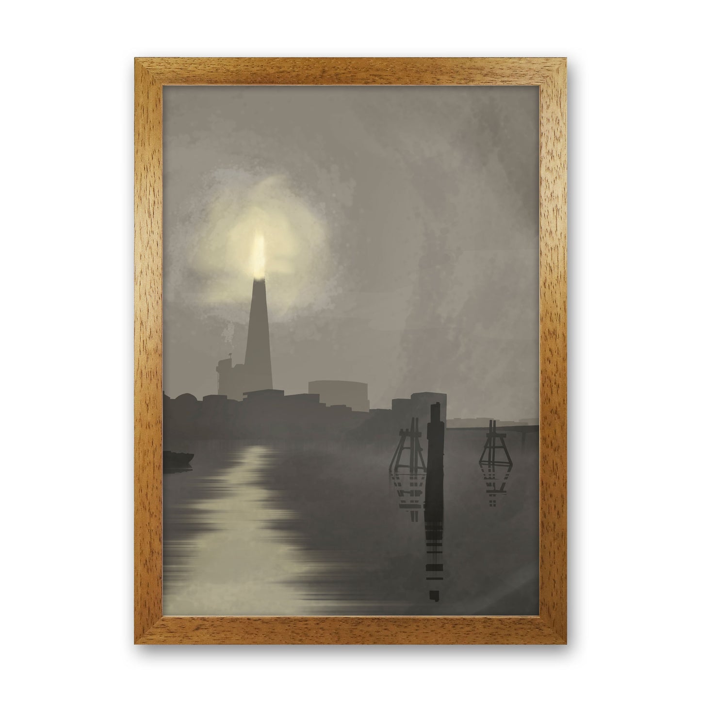 Shard In Fog Portrait Travel Art Print by Richard O'Neill, Framed Wall Art Oak Grain