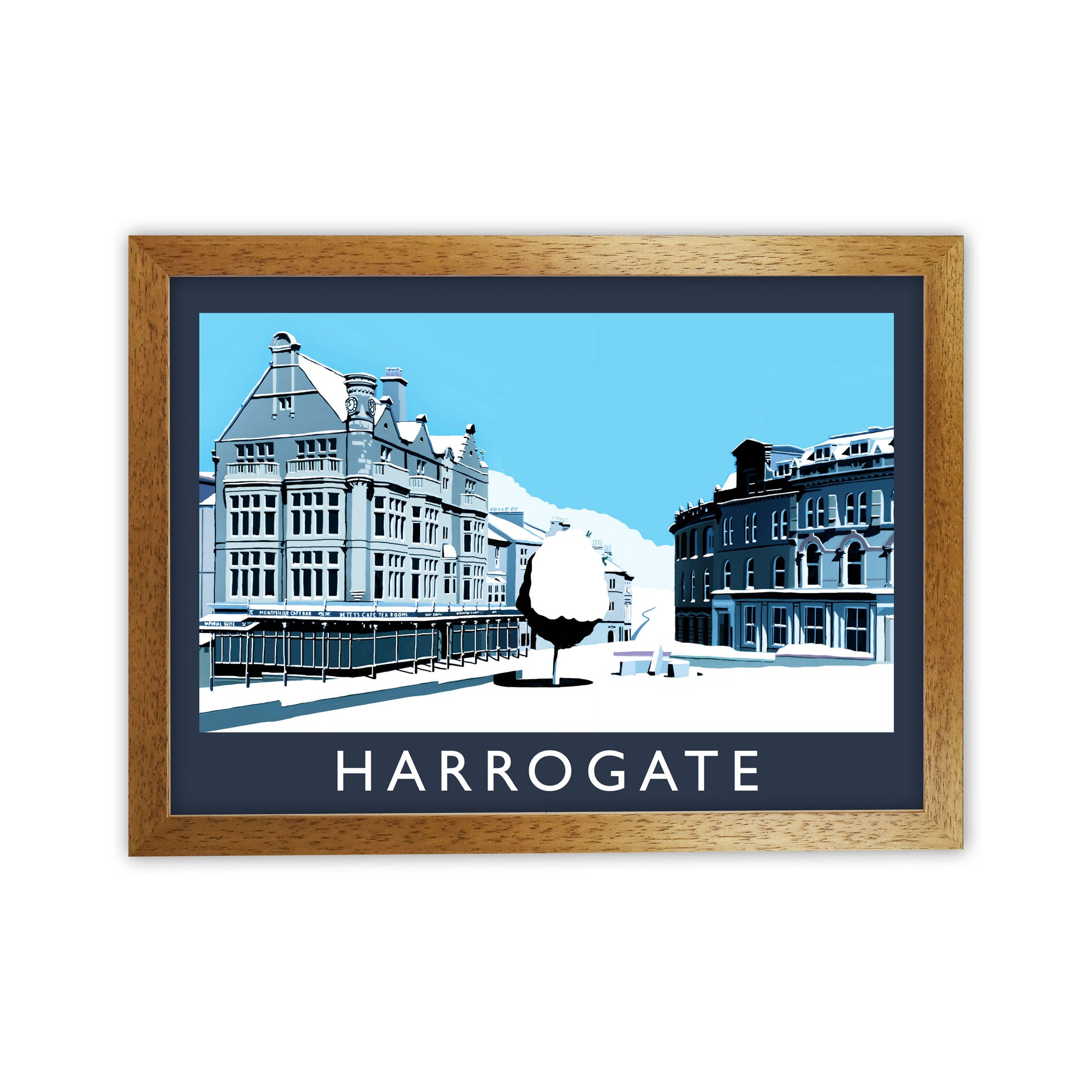 Harrogate In Snow Travel Art Print by Richard O'Neill, Framed Wall Art Oak Grain