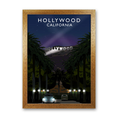 Hollywood Night California Travel Art Print by Richard O'Neill, Framed Wall Art Oak Grain