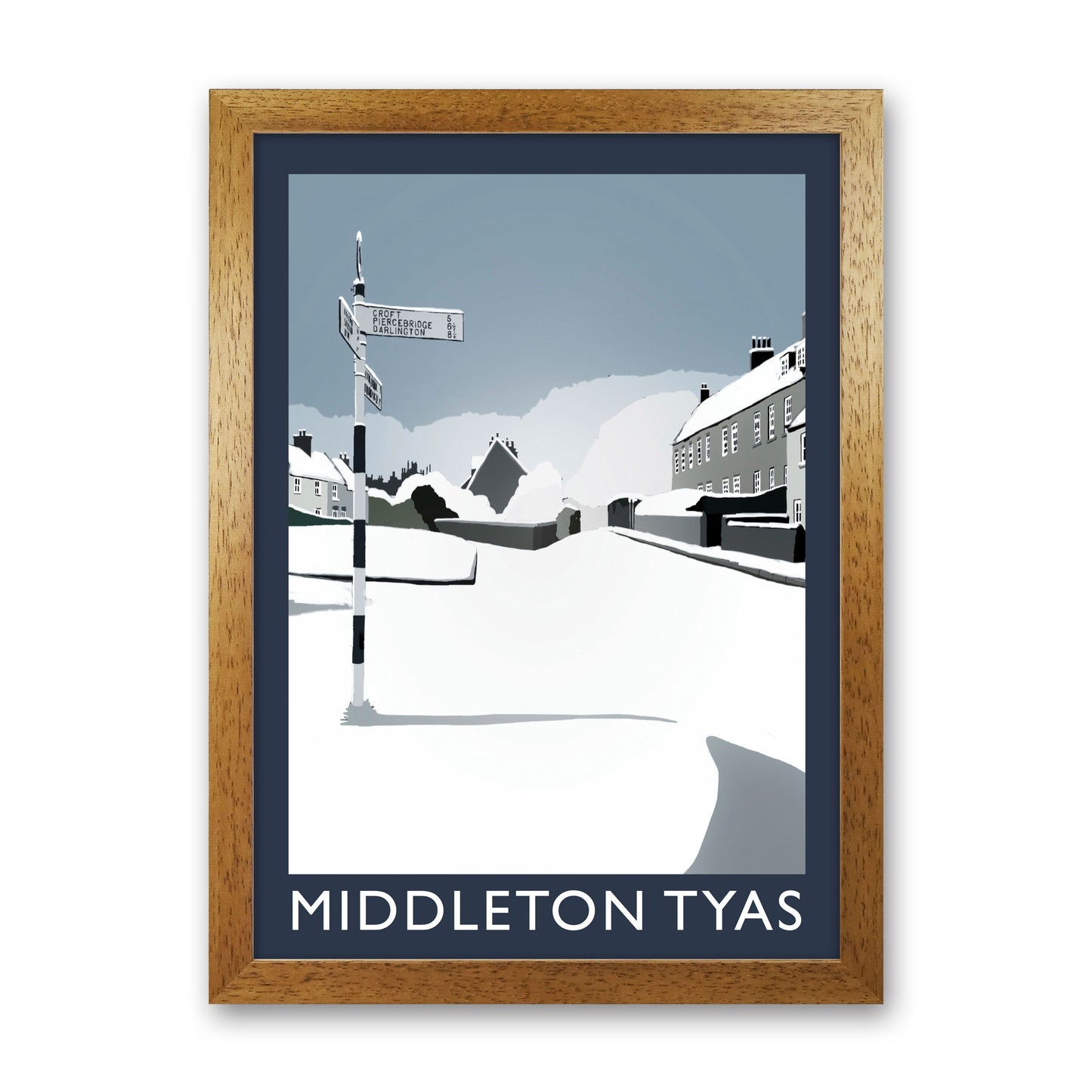 Middleton Tyas in Snow Portrait Travel Art Print by Richard O'Neill, Framed Wall Art Oak Grain