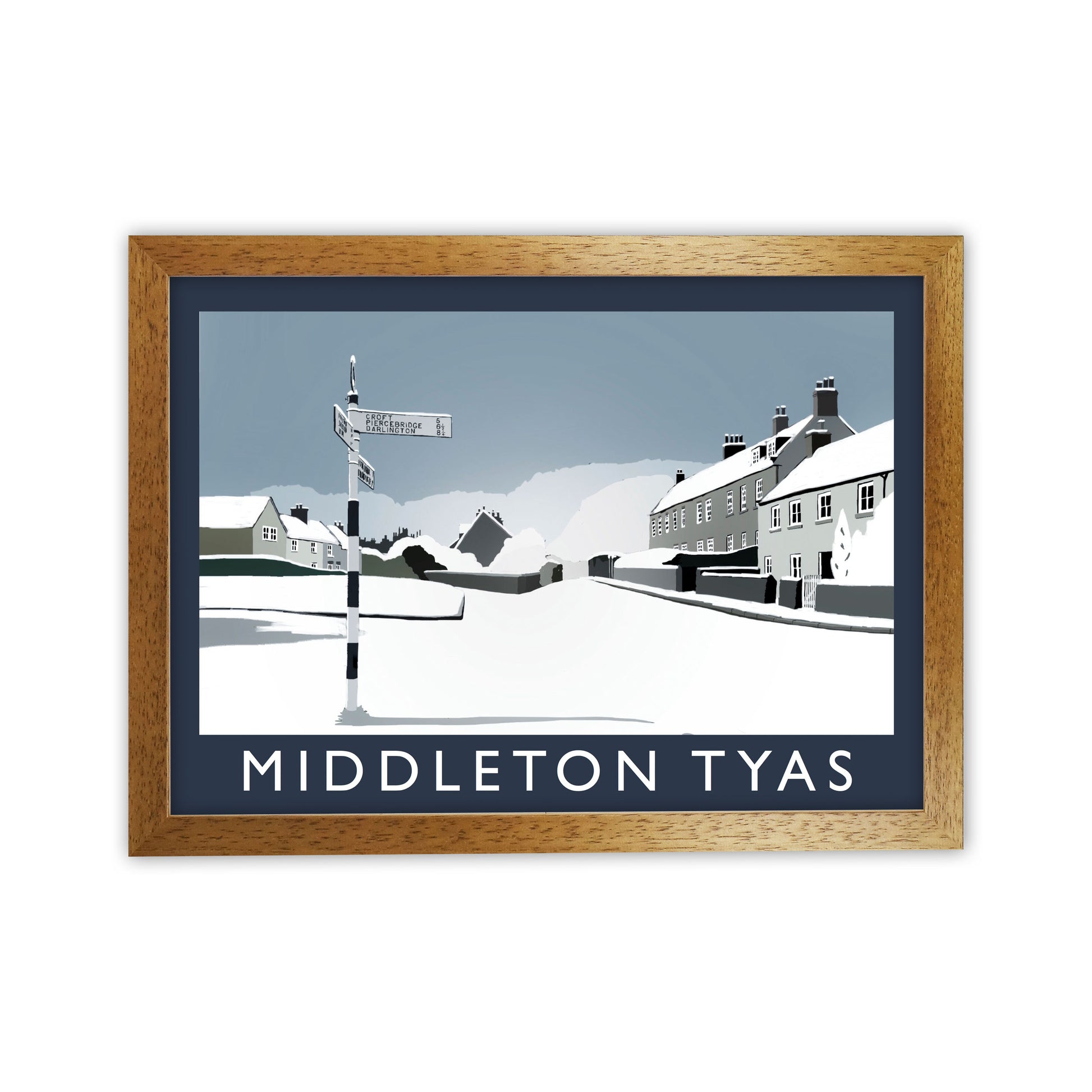 Middleton Tyas in Snow Travel Art Print by Richard O'Neill, Framed Wall Art Oak Grain