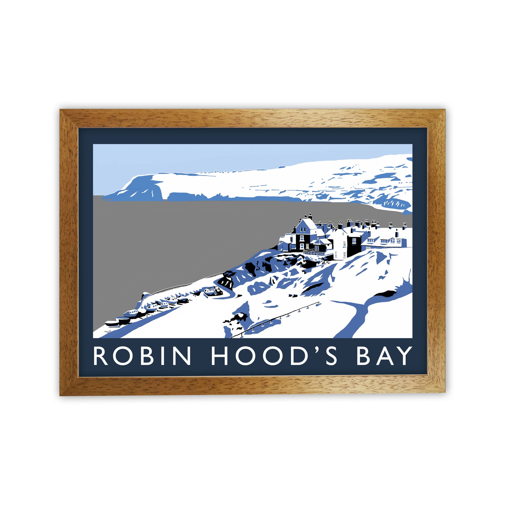 Robin Hood's Bay In Snow Travel Art Print by Richard O'Neill, Framed Wall Art Oak Grain