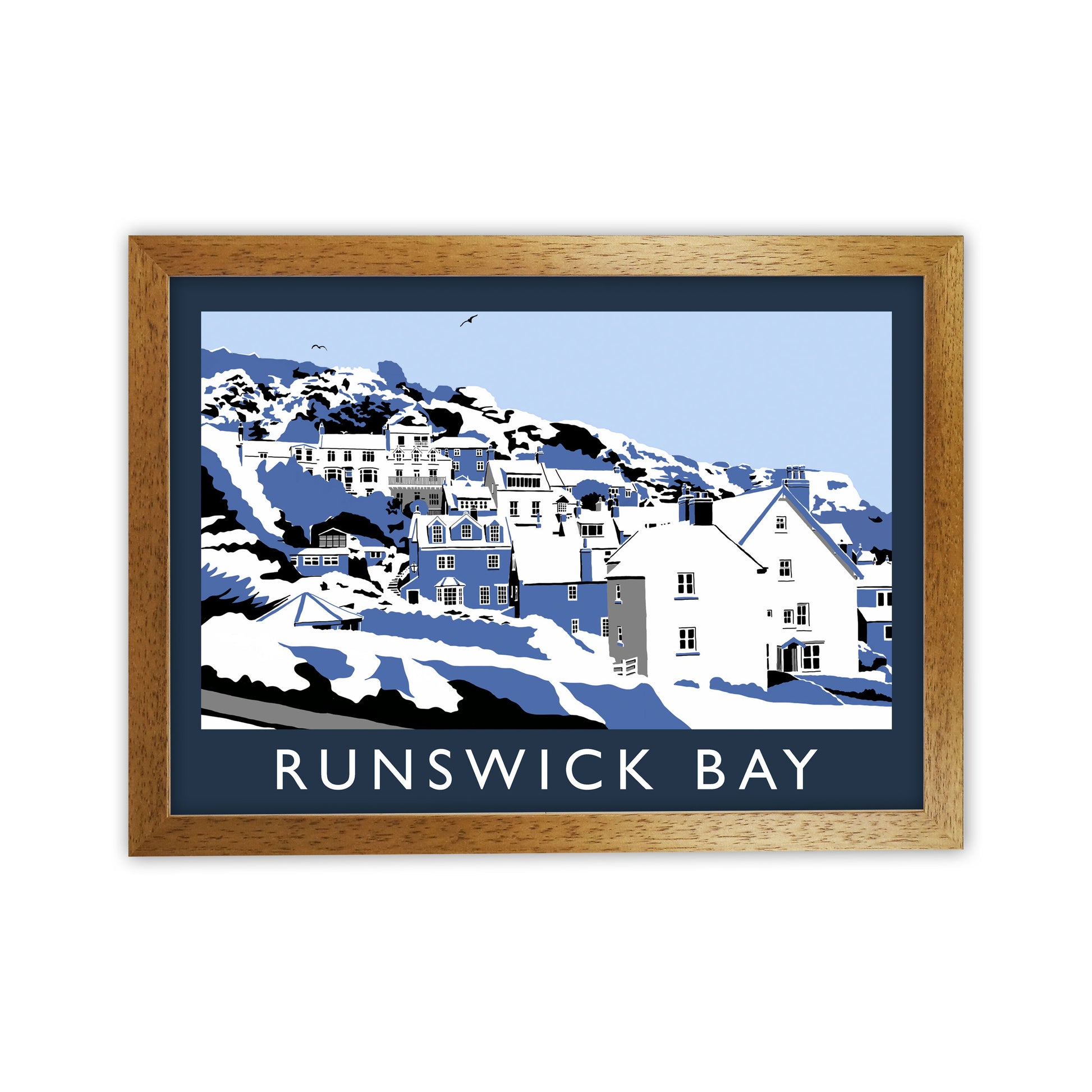 Runswick Bay In Snow Travel Art Print by Richard O'Neill, Framed Wall Art Oak Grain