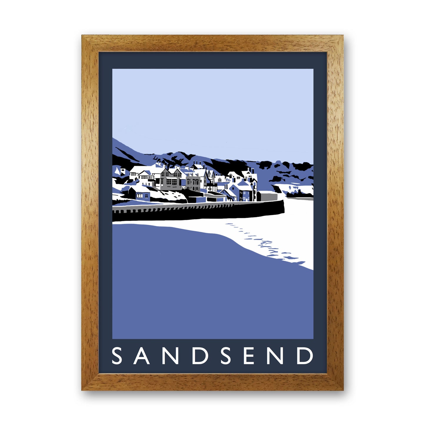 Sandsend In Snow PortraitTravel Art Print by Richard O'Neill, Framed Wall Art Oak Grain