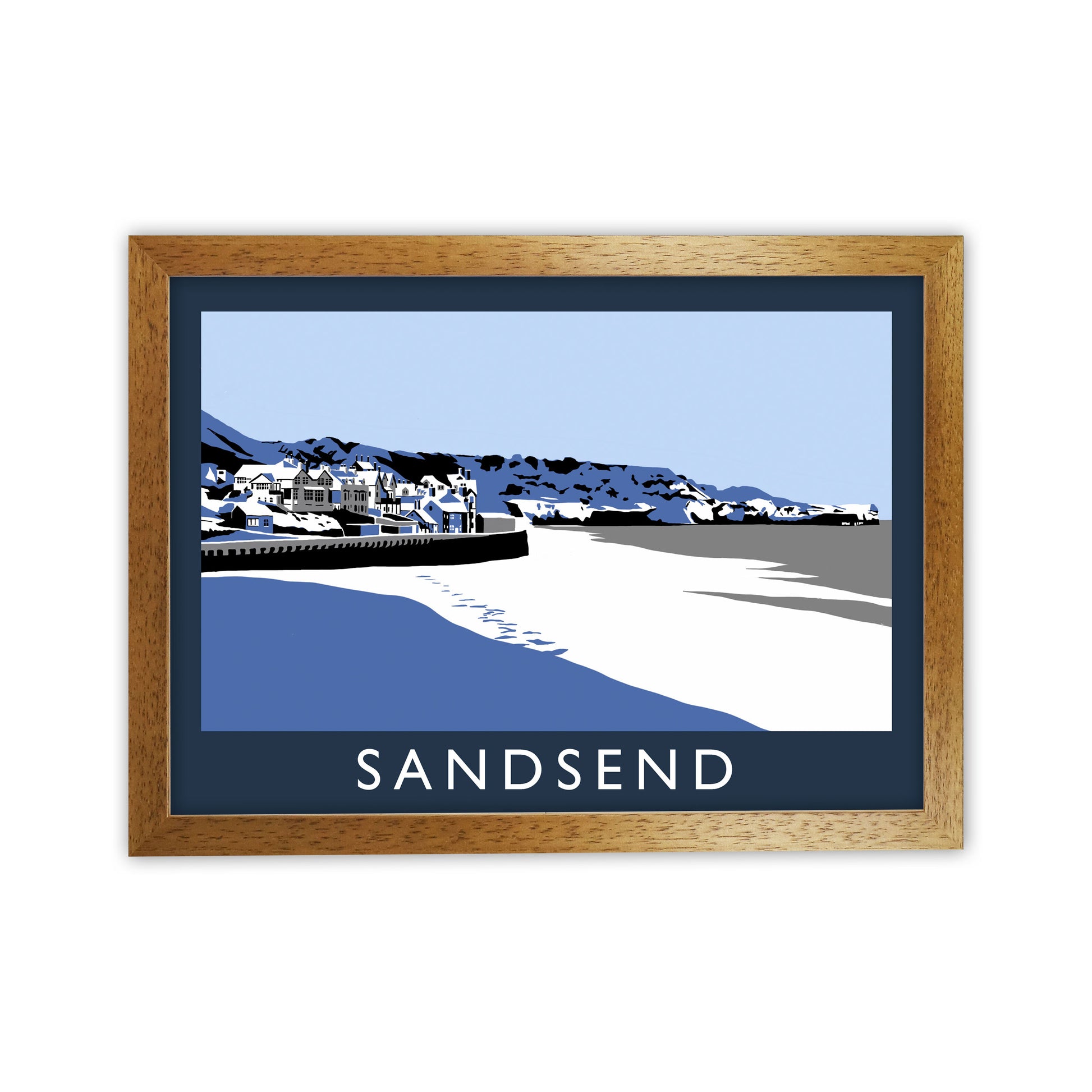 Sandsend In Snow Travel Art Print by Richard O'Neill, Framed Wall Art Oak Grain