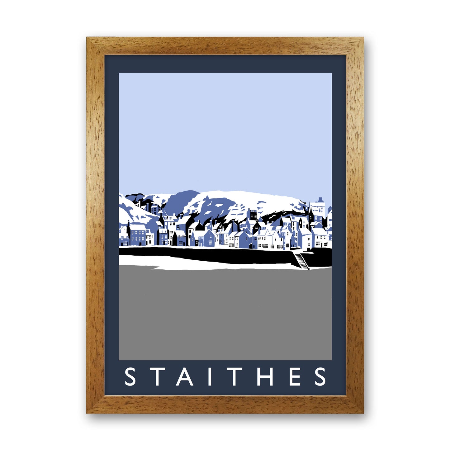 Staithes In Snow PortraitTravel Art Print by Richard O'Neill, Framed Wall Art Oak Grain