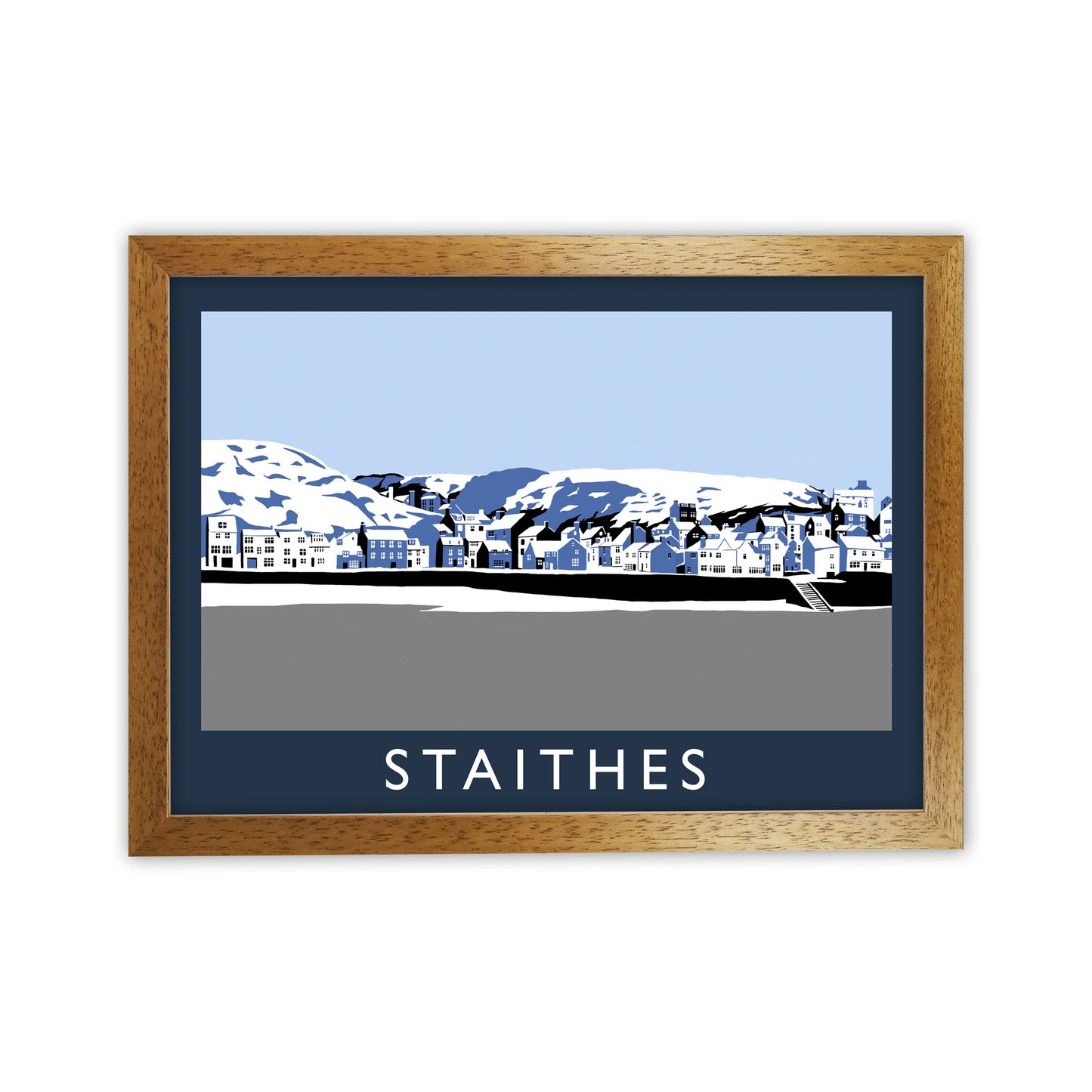 Staithes In Snow Travel Art Print by Richard O'Neill, Framed Wall Art Oak Grain