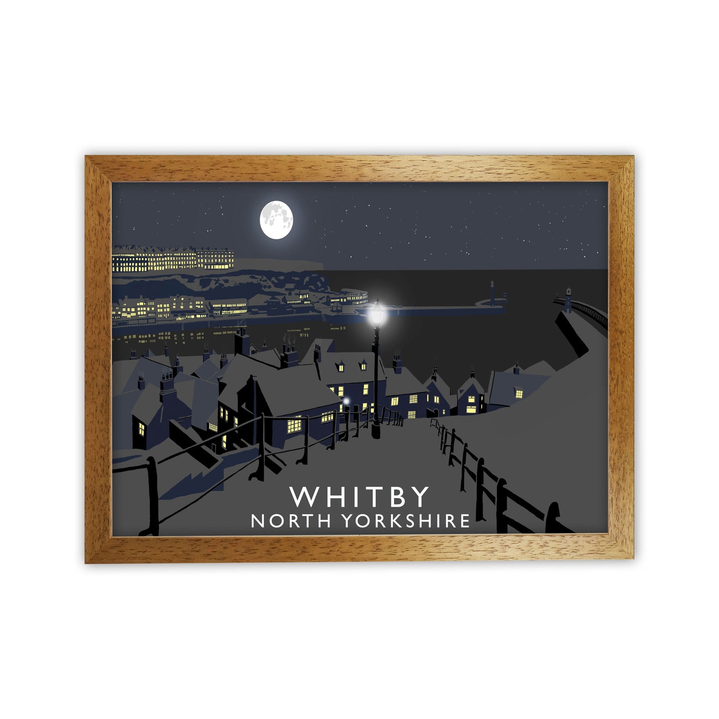 Whitby Night Travel Art Print by Richard O'Neill, Framed Wall Art Oak Grain