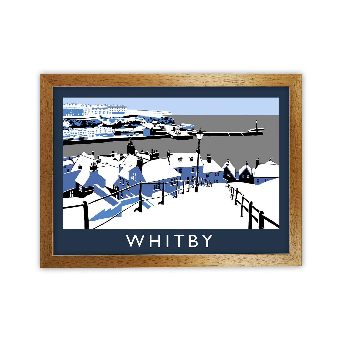 Whitby in Snow Travel Art Print by Richard O'Neill, Framed Wall Art Oak Grain