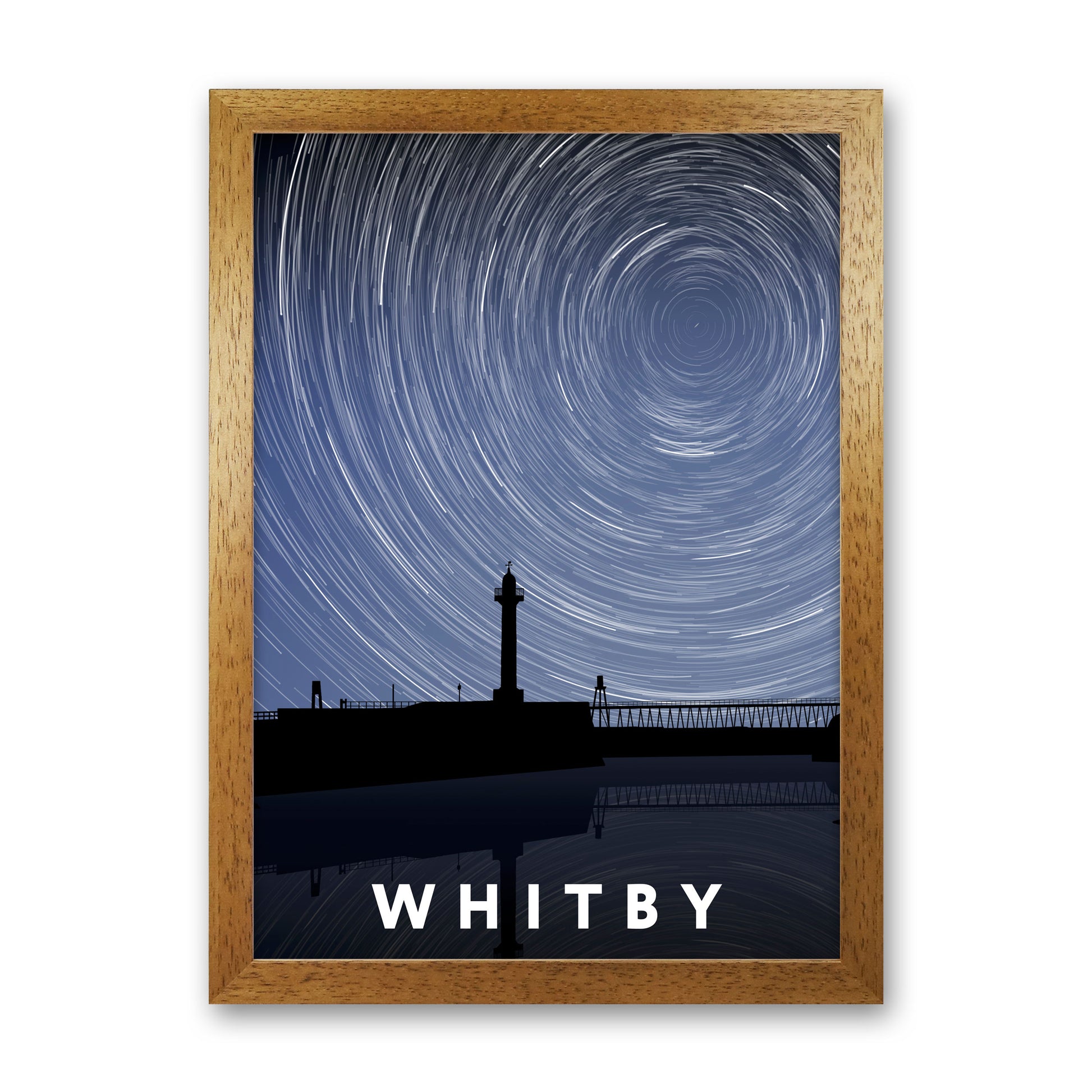 Whitby Night Timelapse Portrait Art Print by Richard O'Neill, Framed Wall Art Oak Grain