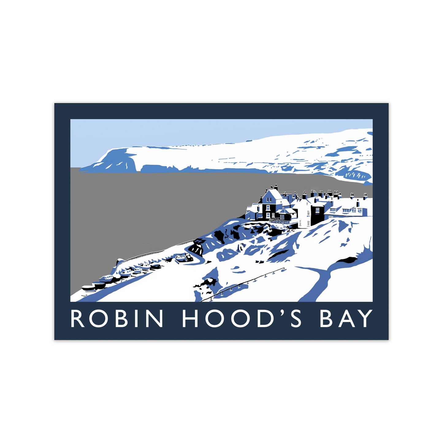 Robin Hood's Bay In Snow Travel Art Print by Richard O'Neill, Framed Wall Art