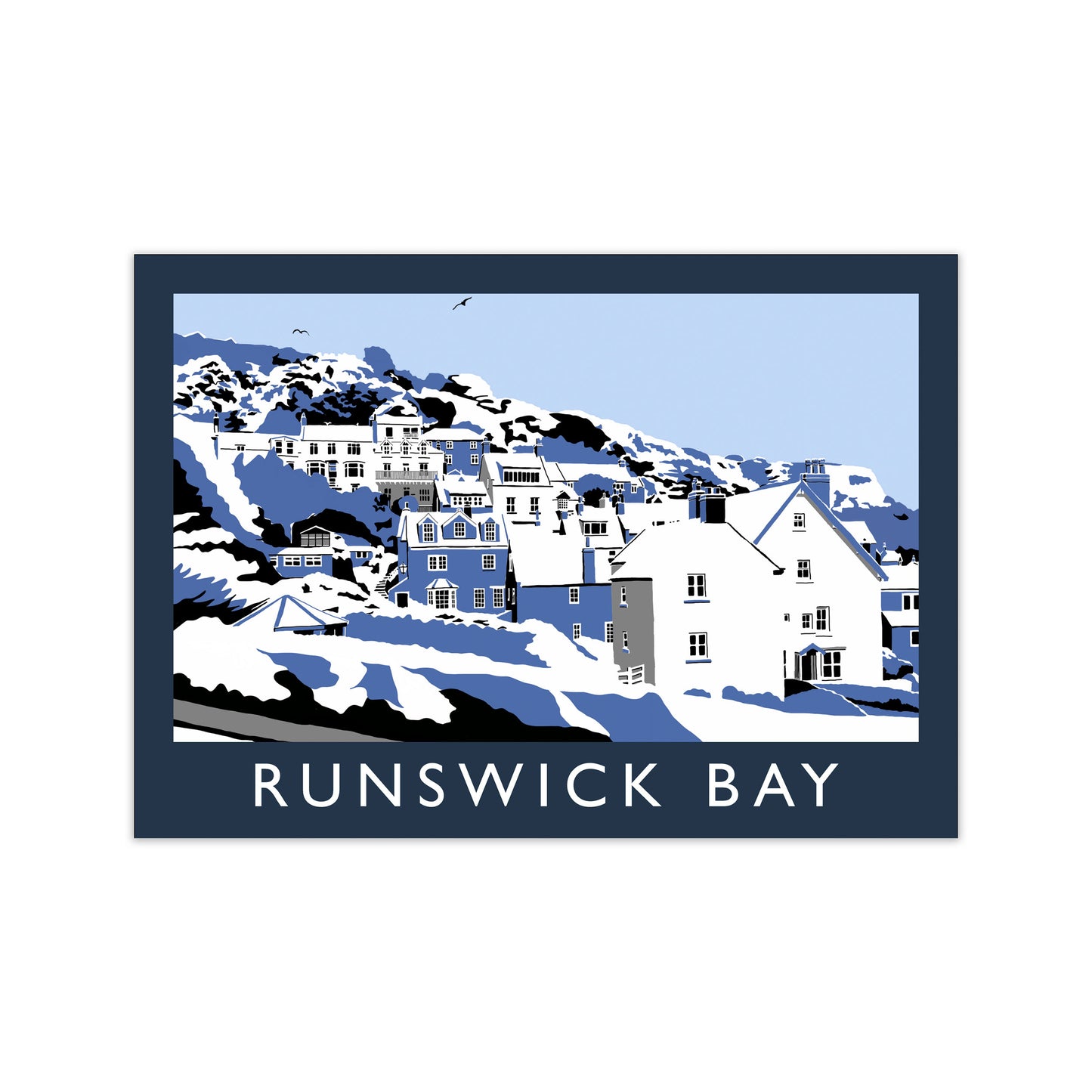 Runswick Bay In Snow Travel Art Print by Richard O'Neill, Framed Wall Art