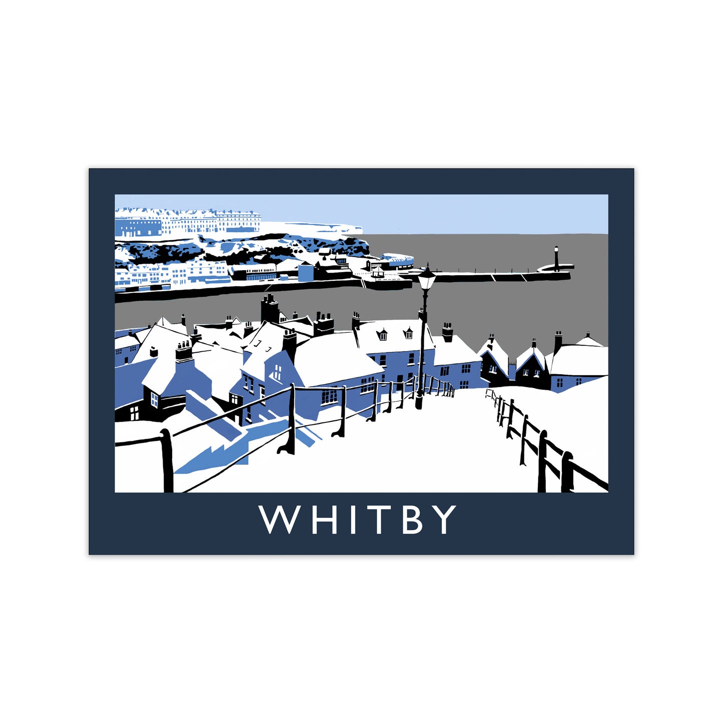 Whitby in Snow Travel Art Print by Richard O'Neill, Framed Wall Art