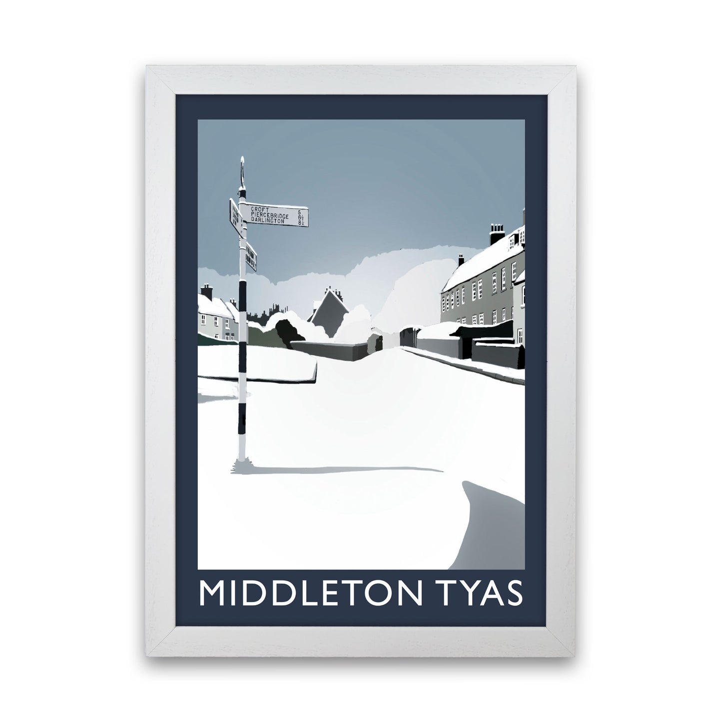 Middleton Tyas in Snow Portrait Travel Art Print by Richard O'Neill, Framed Wall Art White Grain