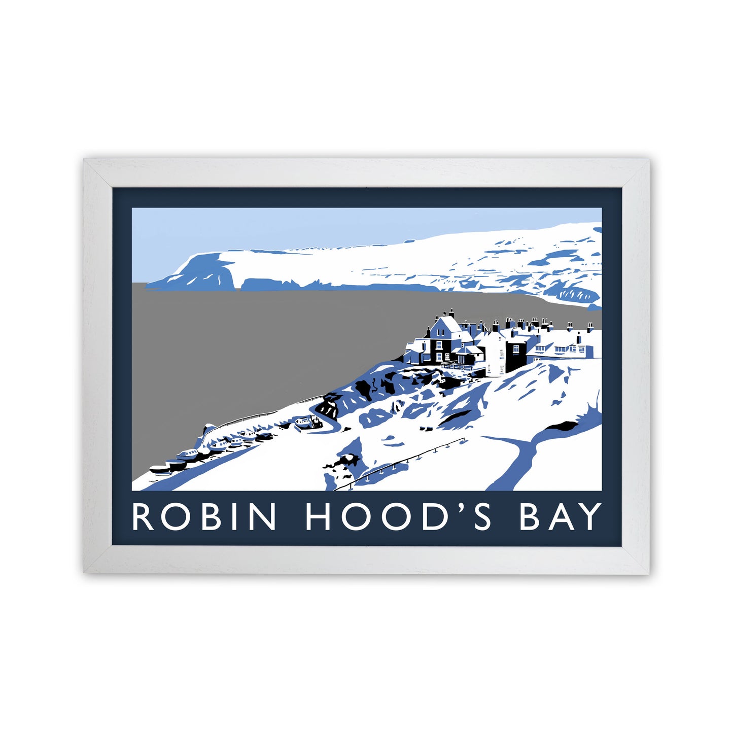 Robin Hood's Bay In Snow Travel Art Print by Richard O'Neill, Framed Wall Art White Grain