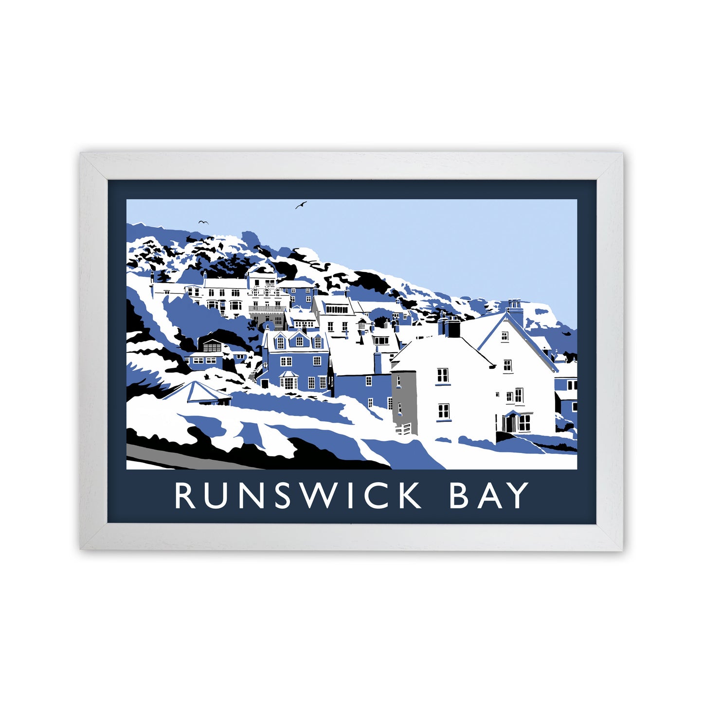 Runswick Bay In Snow Travel Art Print by Richard O'Neill, Framed Wall Art White Grain