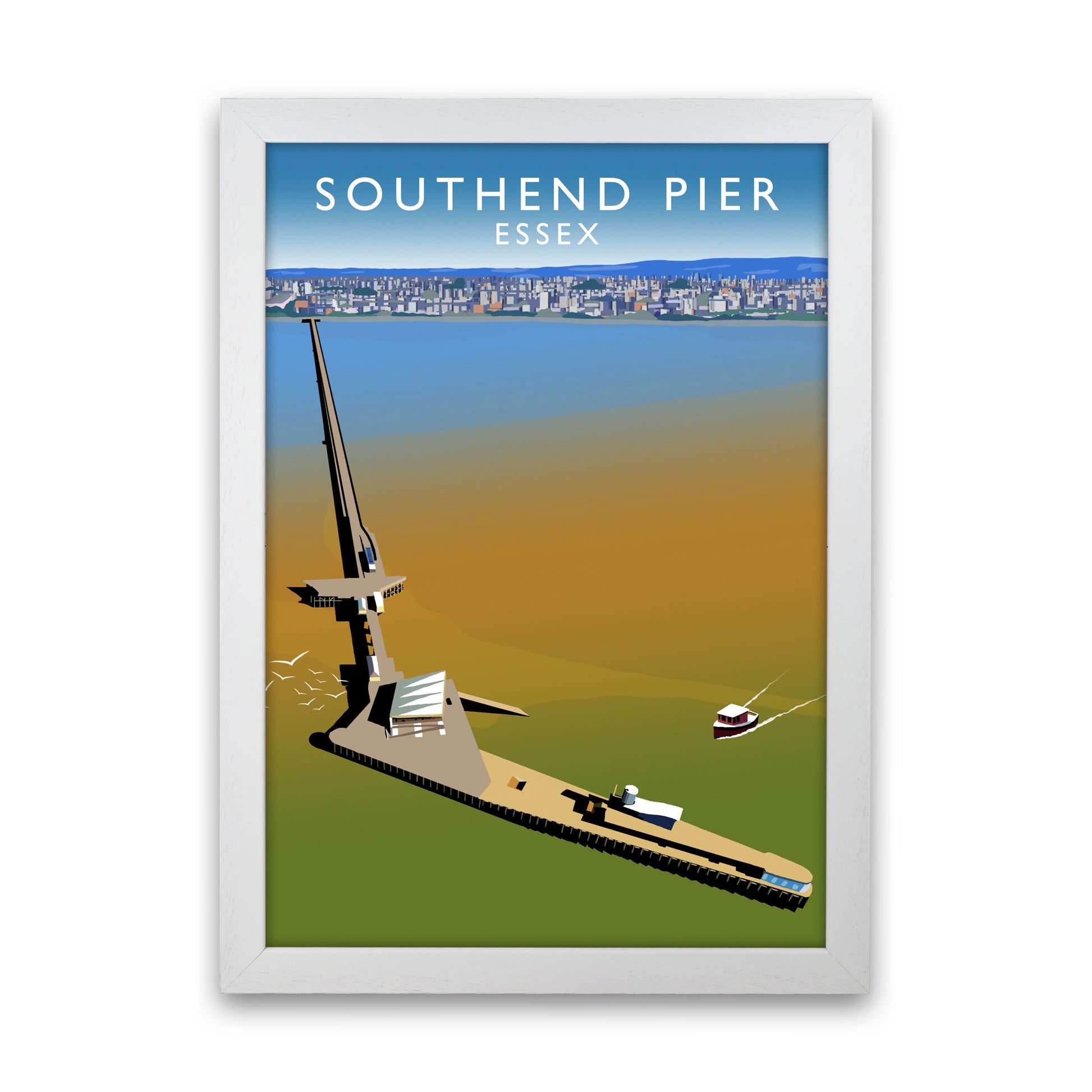 Southend Pier Essex Travel Art Print by Richard O'Neill, Framed Wall Art White Grain