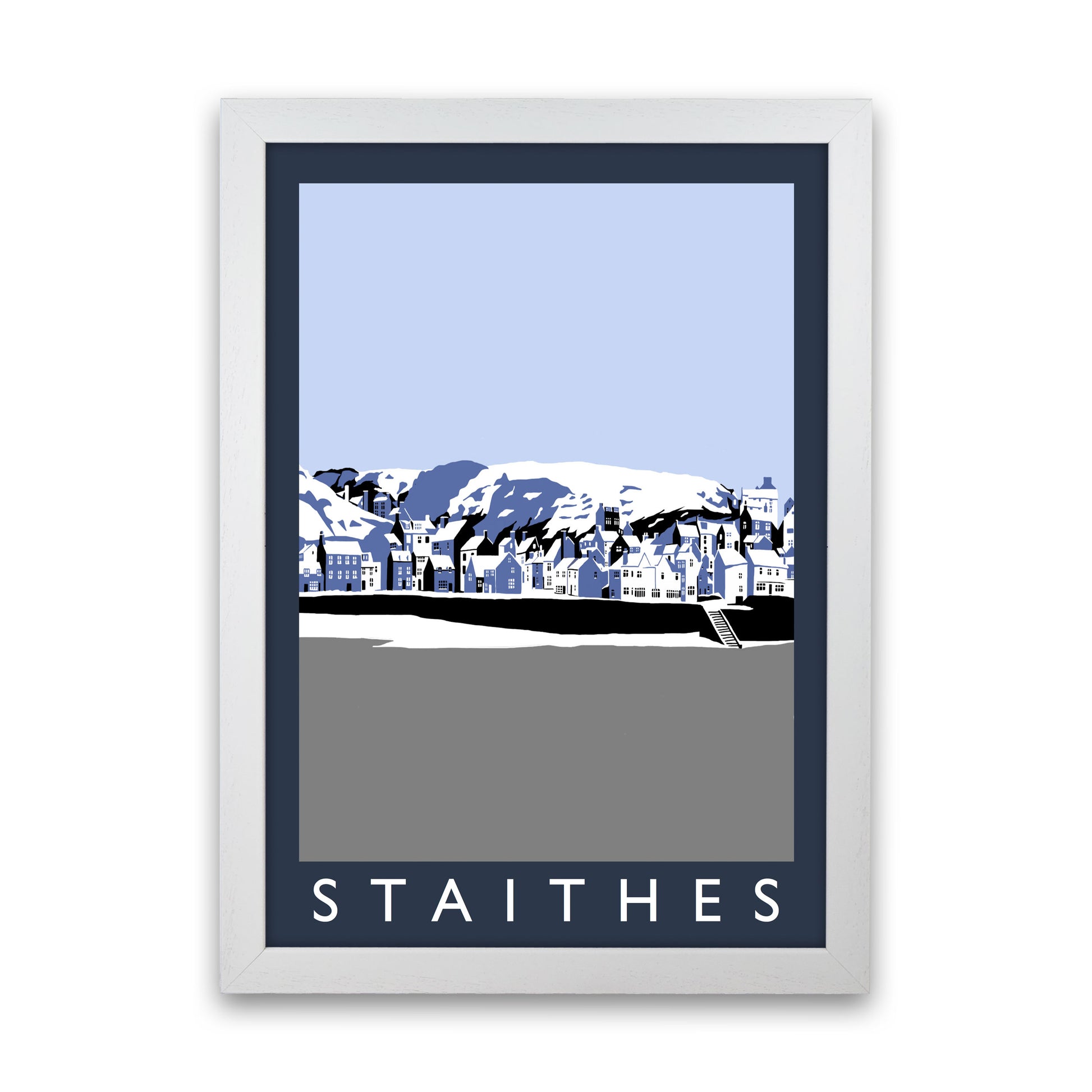 Staithes In Snow PortraitTravel Art Print by Richard O'Neill, Framed Wall Art White Grain