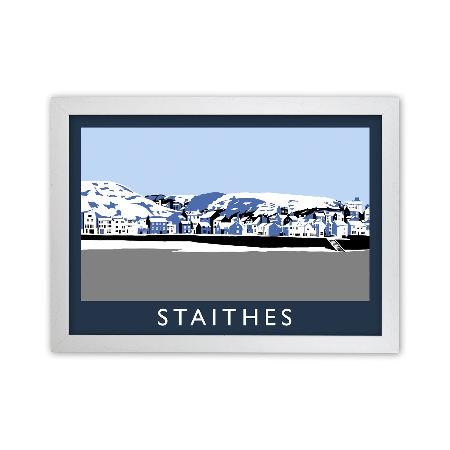 Staithes In Snow Travel Art Print by Richard O'Neill, Framed Wall Art White Grain