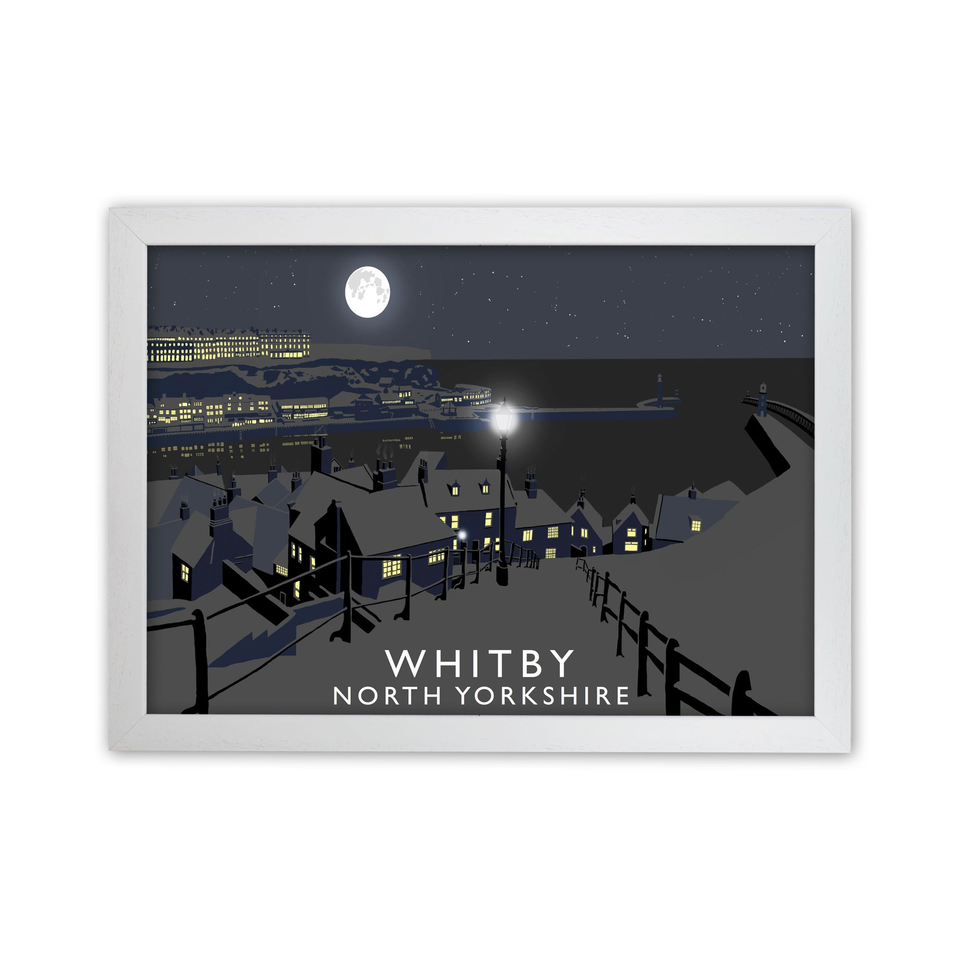 Whitby Night Travel Art Print by Richard O'Neill, Framed Wall Art White Grain