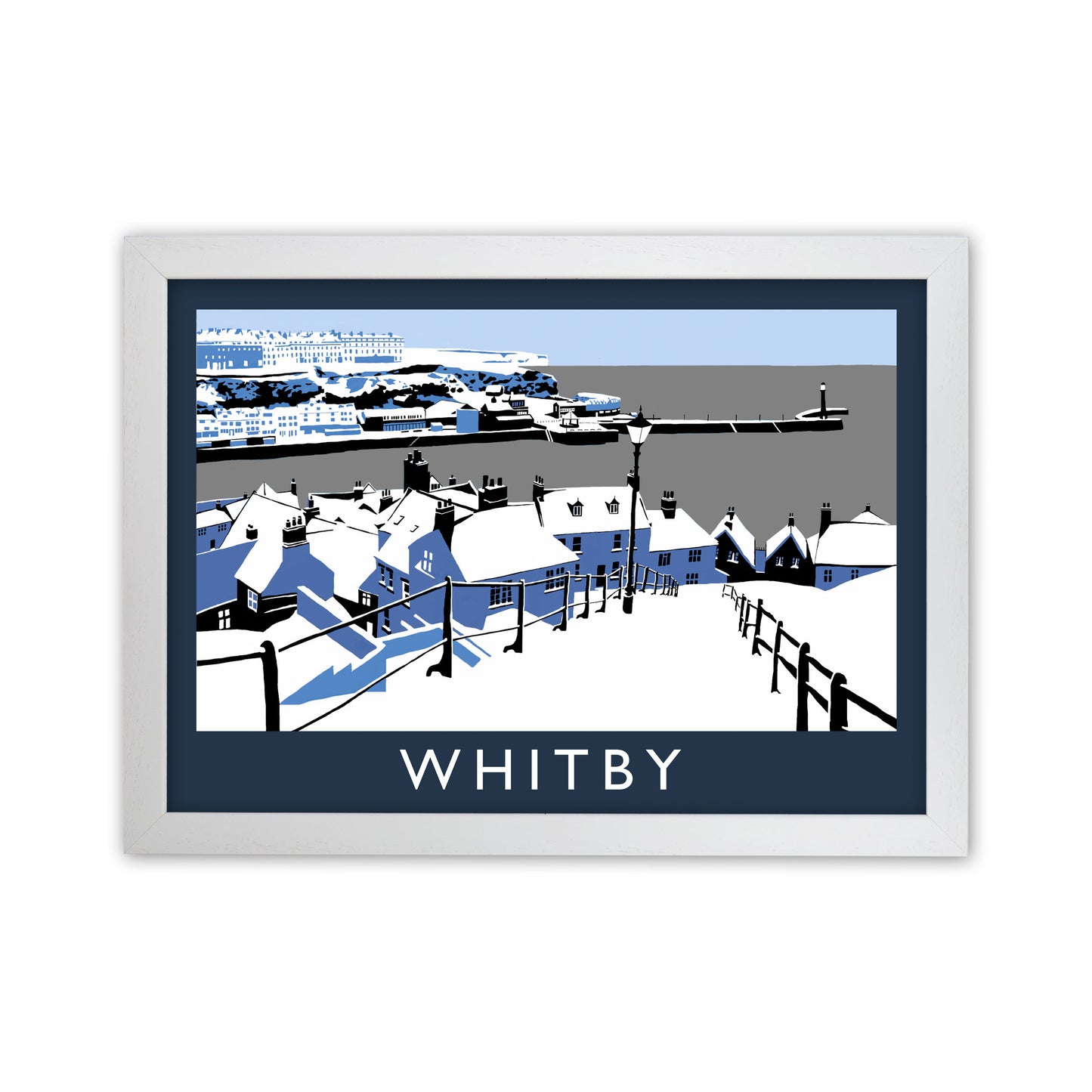 Whitby in Snow Travel Art Print by Richard O'Neill, Framed Wall Art White Grain