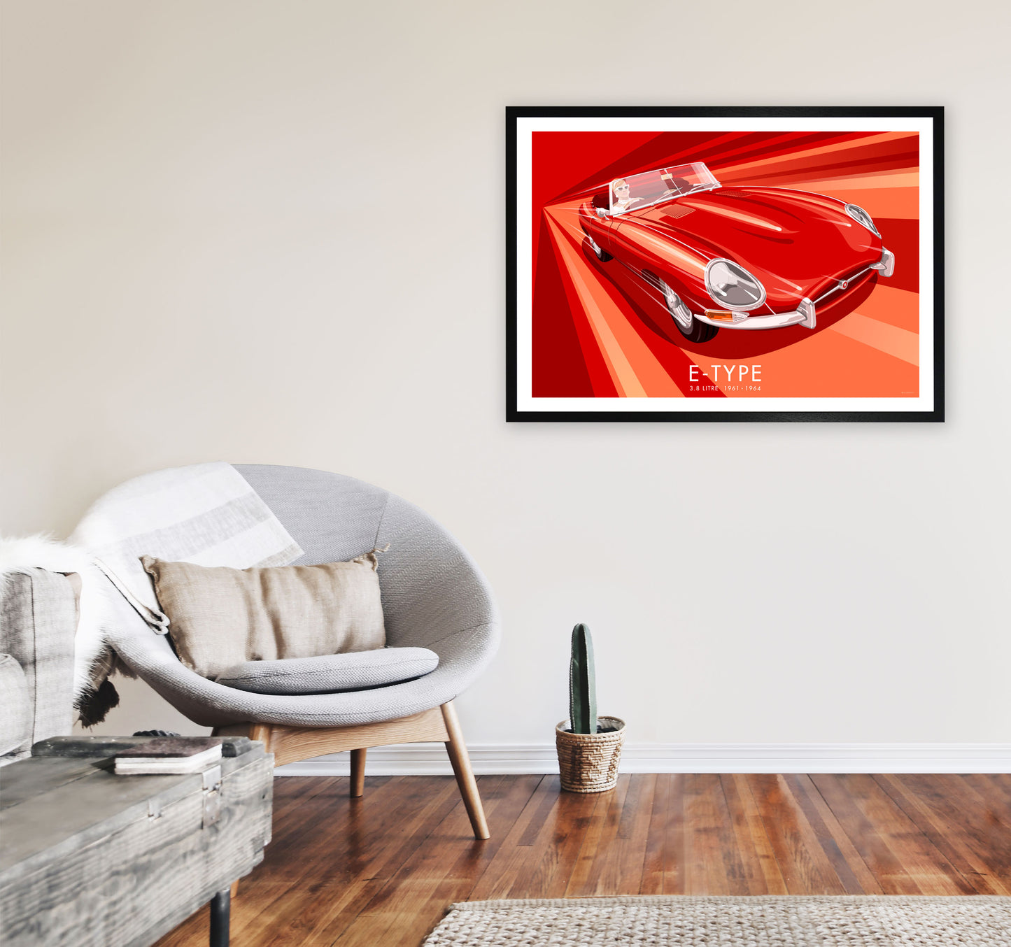 Jaguar E Type Art Print by Stephen Millership, Framed Transport Poster A1 White Frame