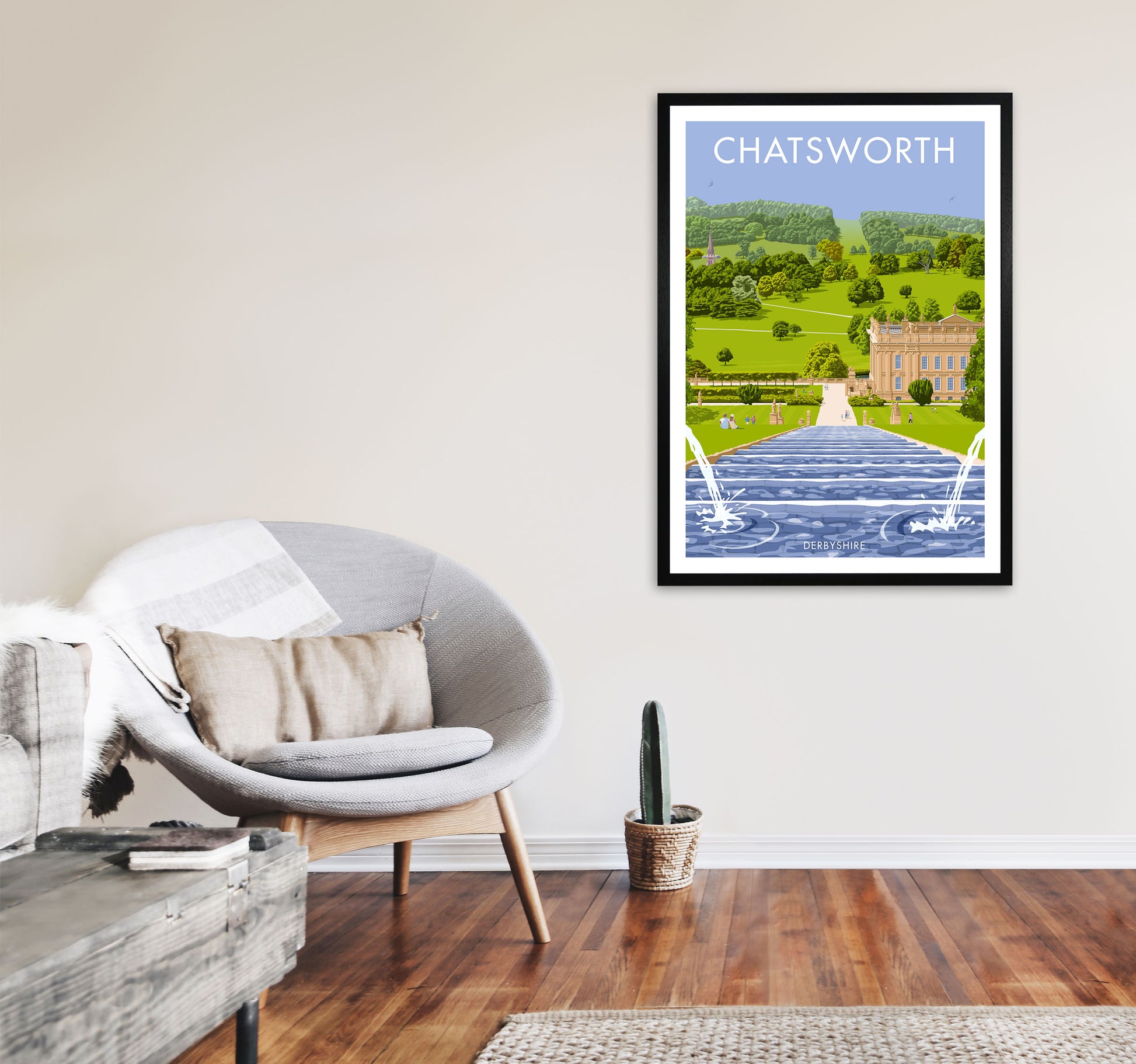 Chatsworth, Derbyshire Framed Art Print by Stephen Millership, Travel Poster A1 White Frame