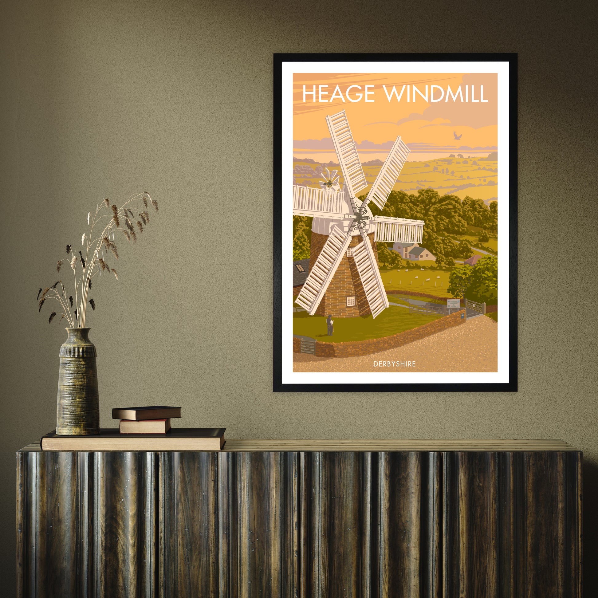 DERBYSHIRE HEAGE WINDMILL A3 by Stephen Millership A1 Black Frame