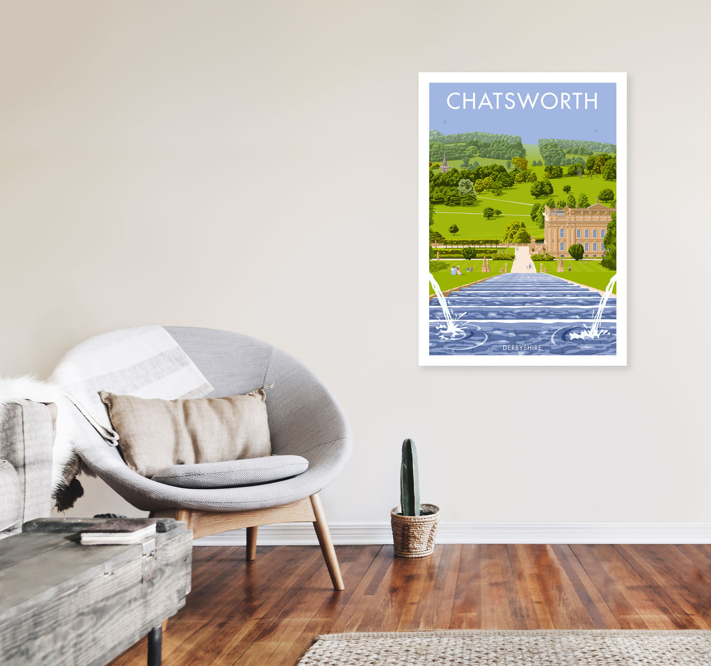 Chatsworth, Derbyshire Framed Art Print by Stephen Millership, Travel Poster A1 Black Frame