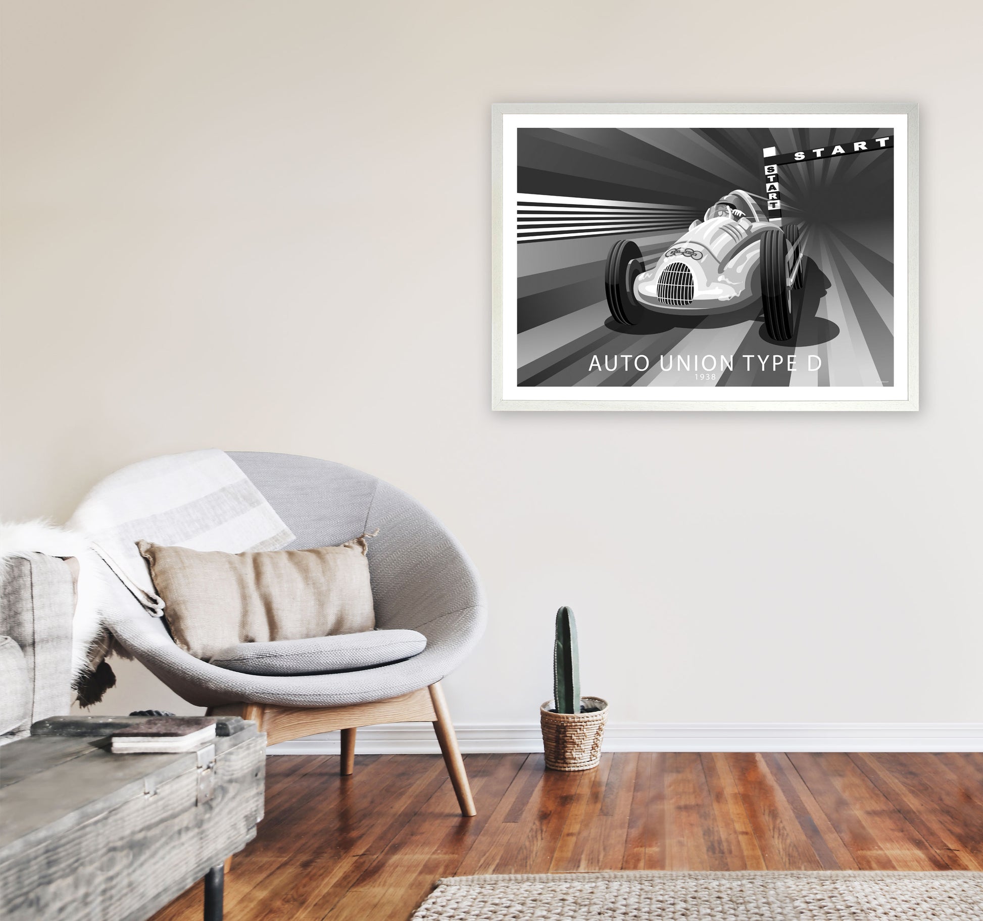 Auto Union Type D Art Print by Stephen Millership, Framed Transport Print A1 Oak Frame