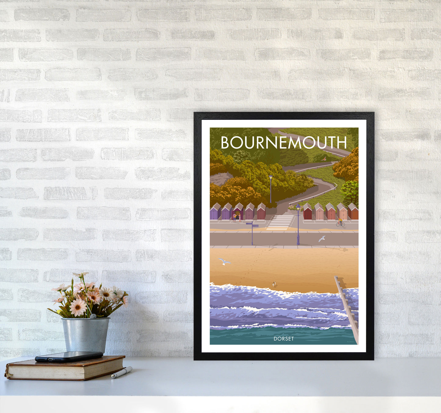 Bournemouth Huts Travel Art Print by Stephen Millership A2 White Frame