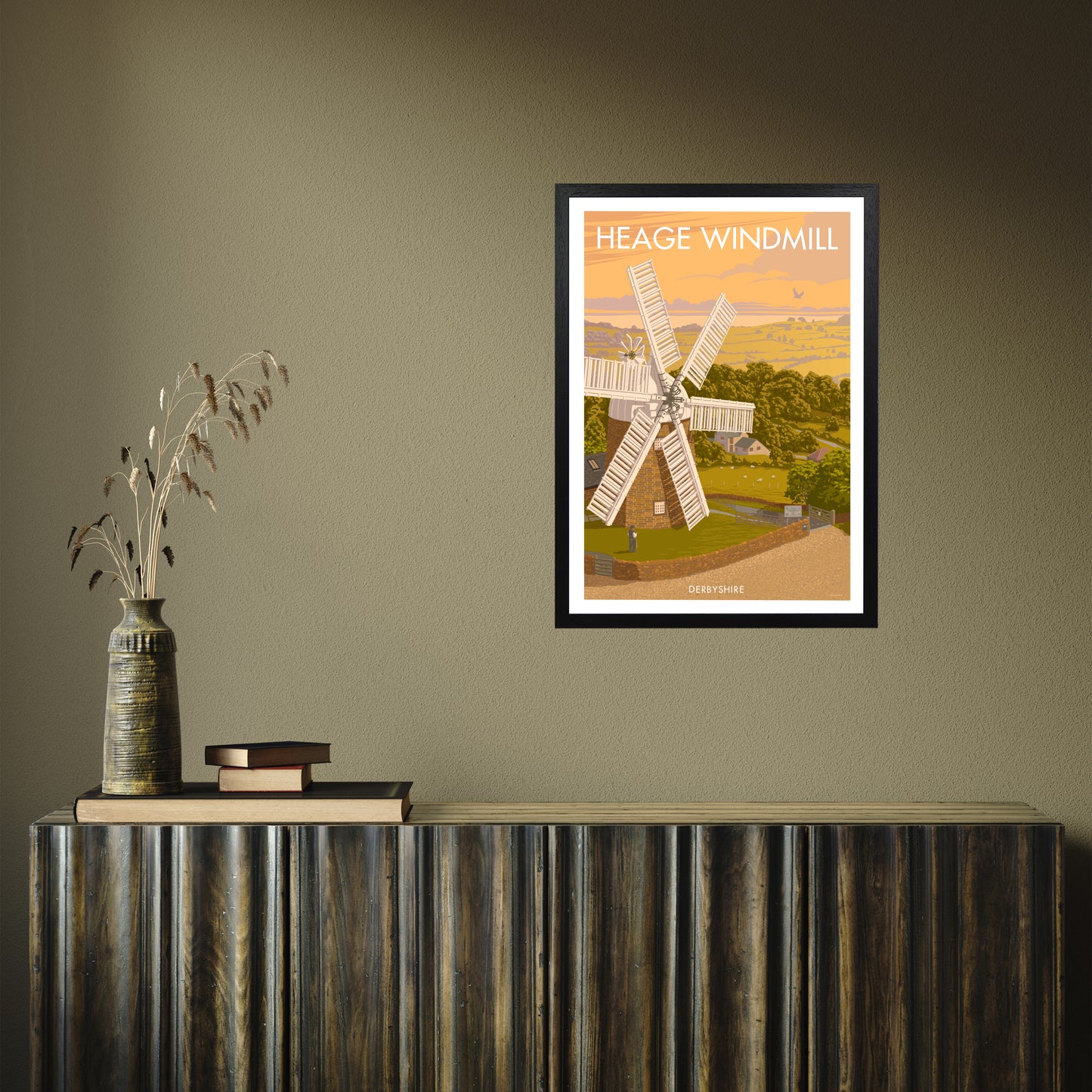 DERBYSHIRE HEAGE WINDMILL A3 by Stephen Millership A2 Black Frame