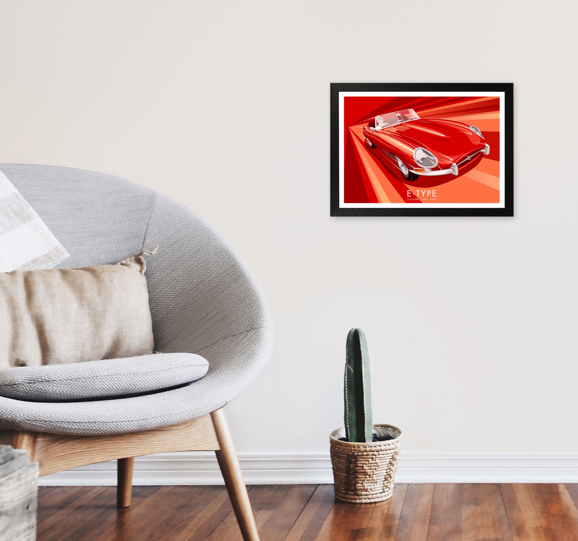 Jaguar E Type Art Print by Stephen Millership, Framed Transport Poster A3 White Frame