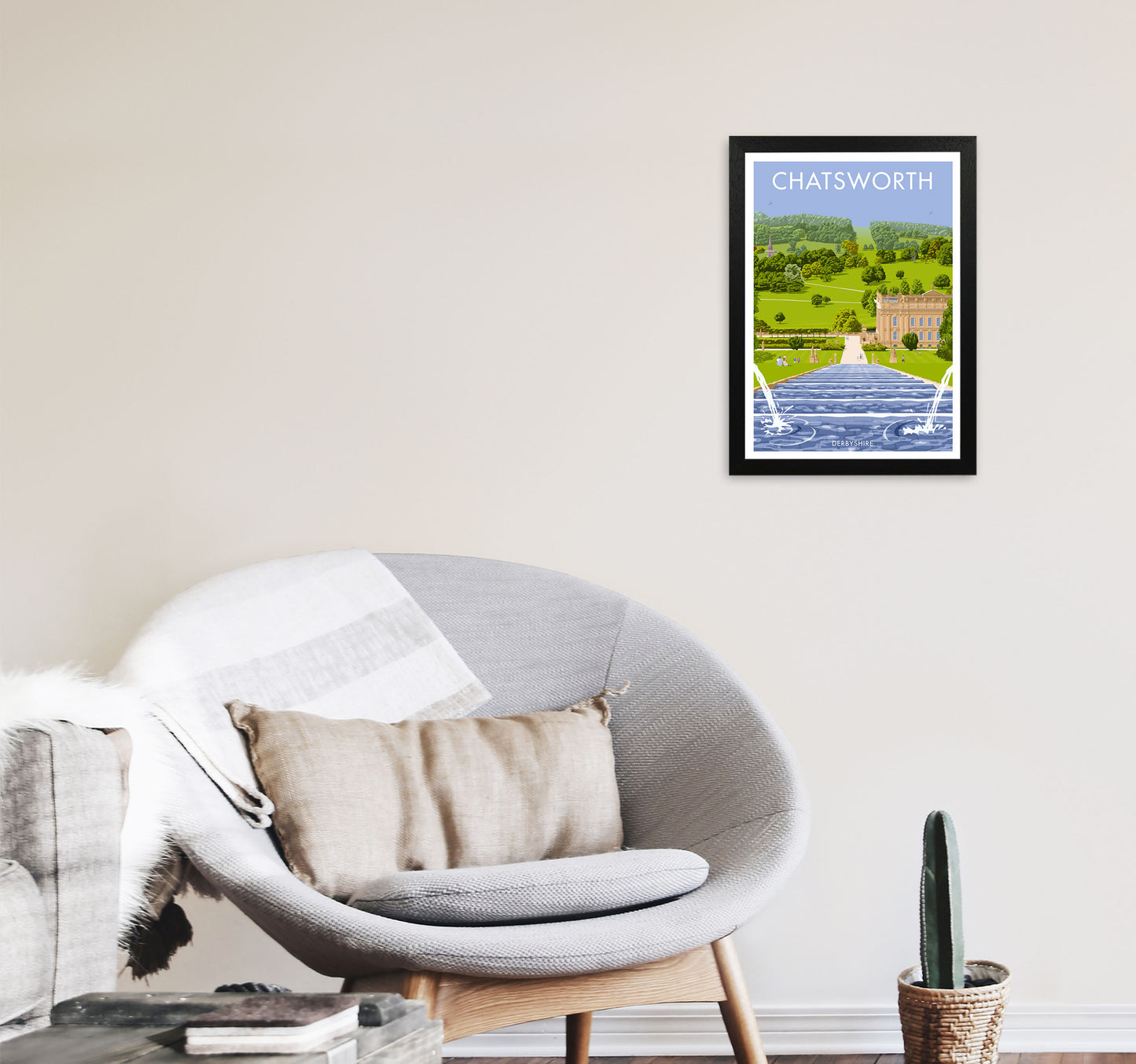 Chatsworth, Derbyshire Framed Art Print by Stephen Millership, Travel Poster A3 White Frame