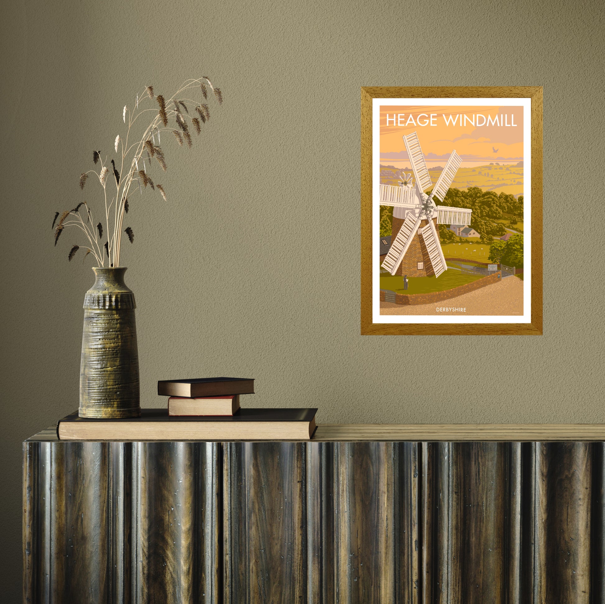 DERBYSHIRE HEAGE WINDMILL A3 by Stephen Millership A3 Oak Frame