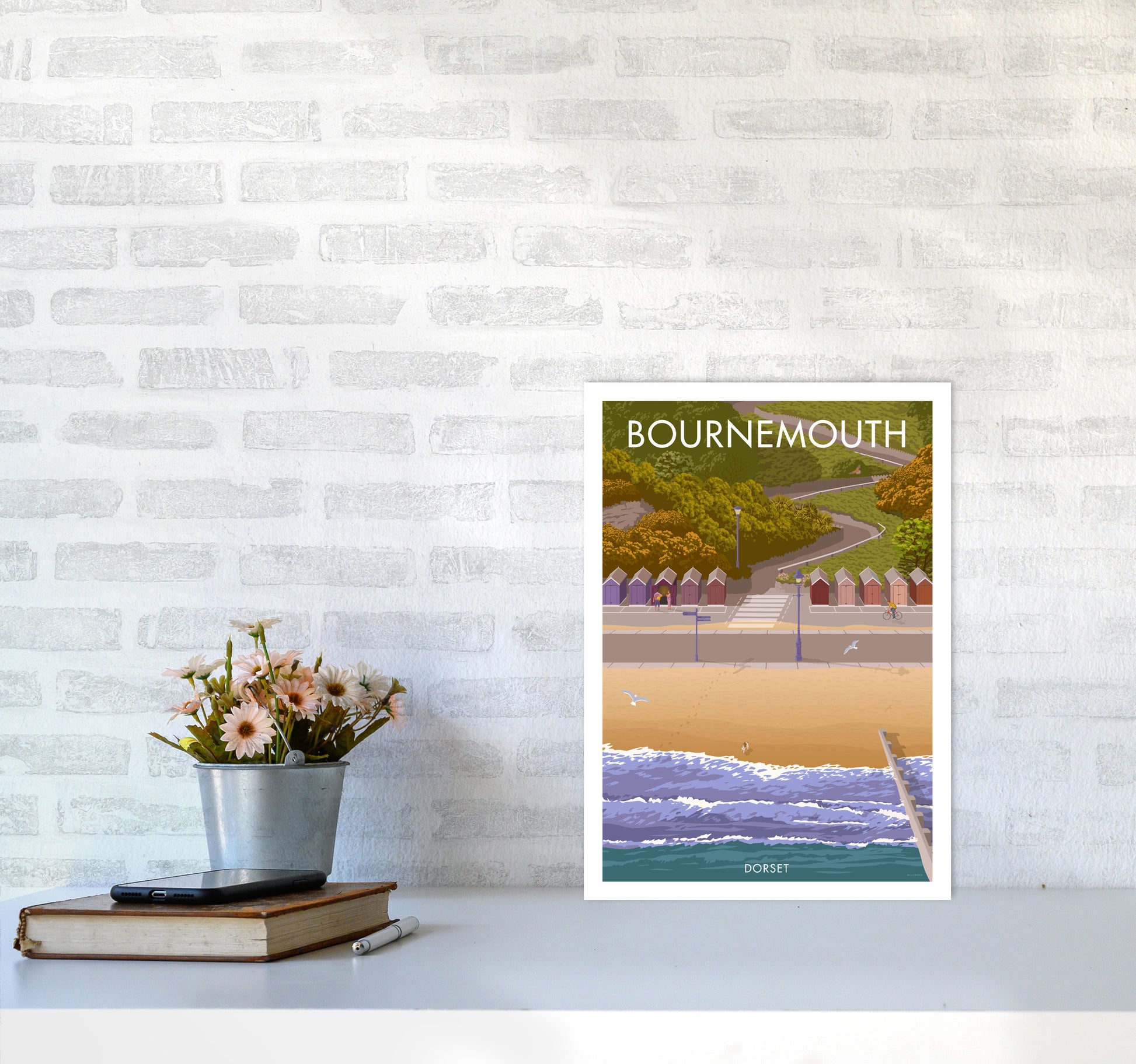 Bournemouth Huts Travel Art Print by Stephen Millership A3 Black Frame