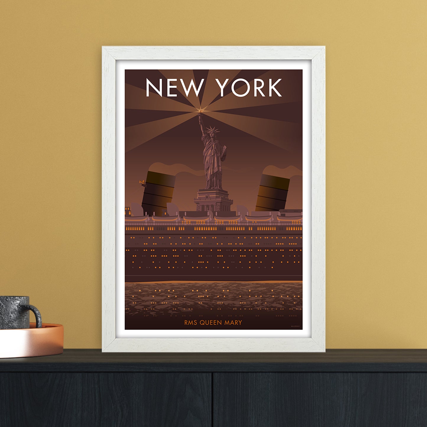 New York Sepia Art Print by Stephen Millership A3 Oak Frame