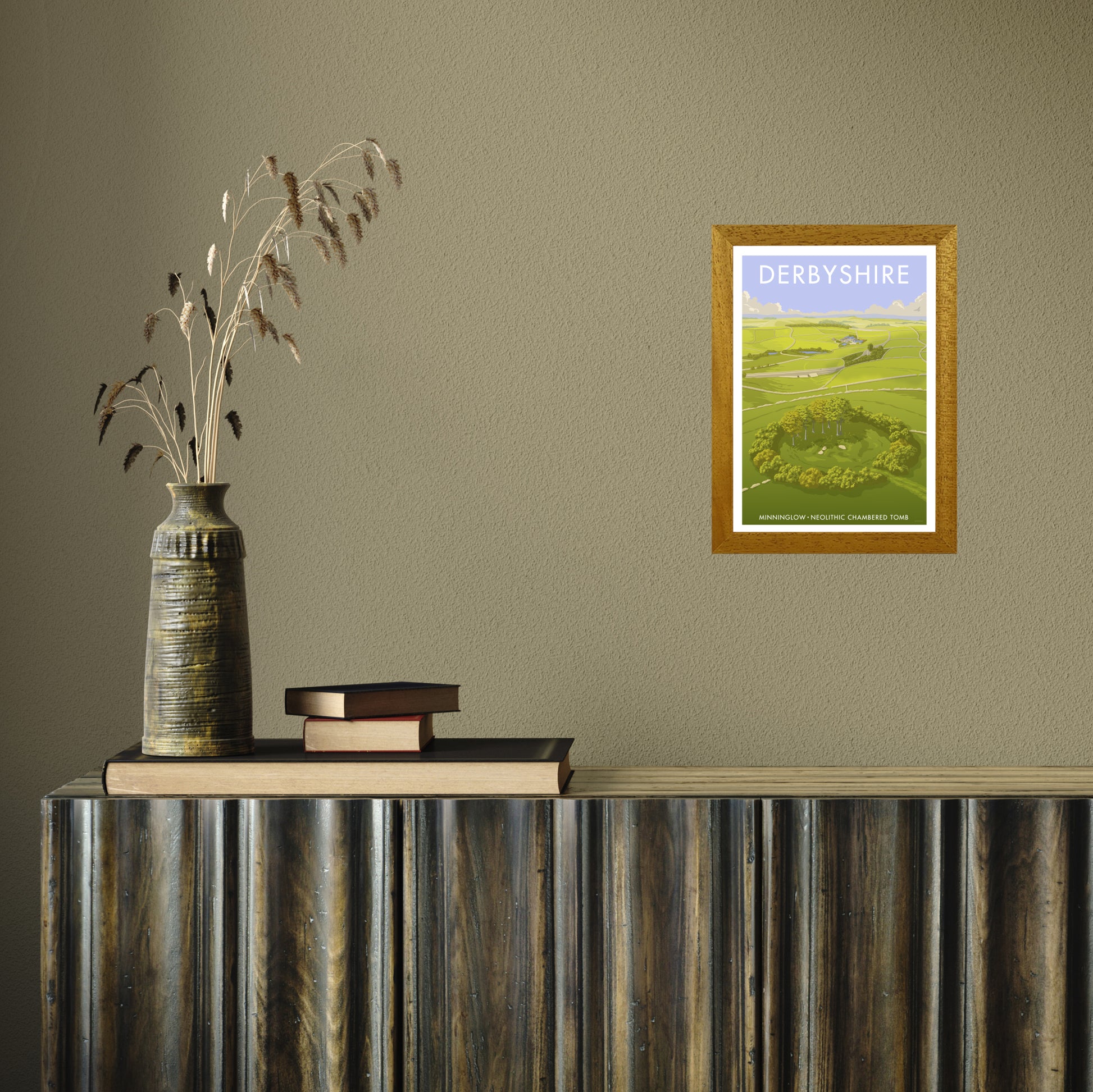 DERBYSHIRE MINNINGLOW A3 by Stephen Millership A4 Oak Frame