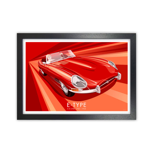 Jaguar E Type Art Print by Stephen Millership, Framed Transport Poster Black Grain